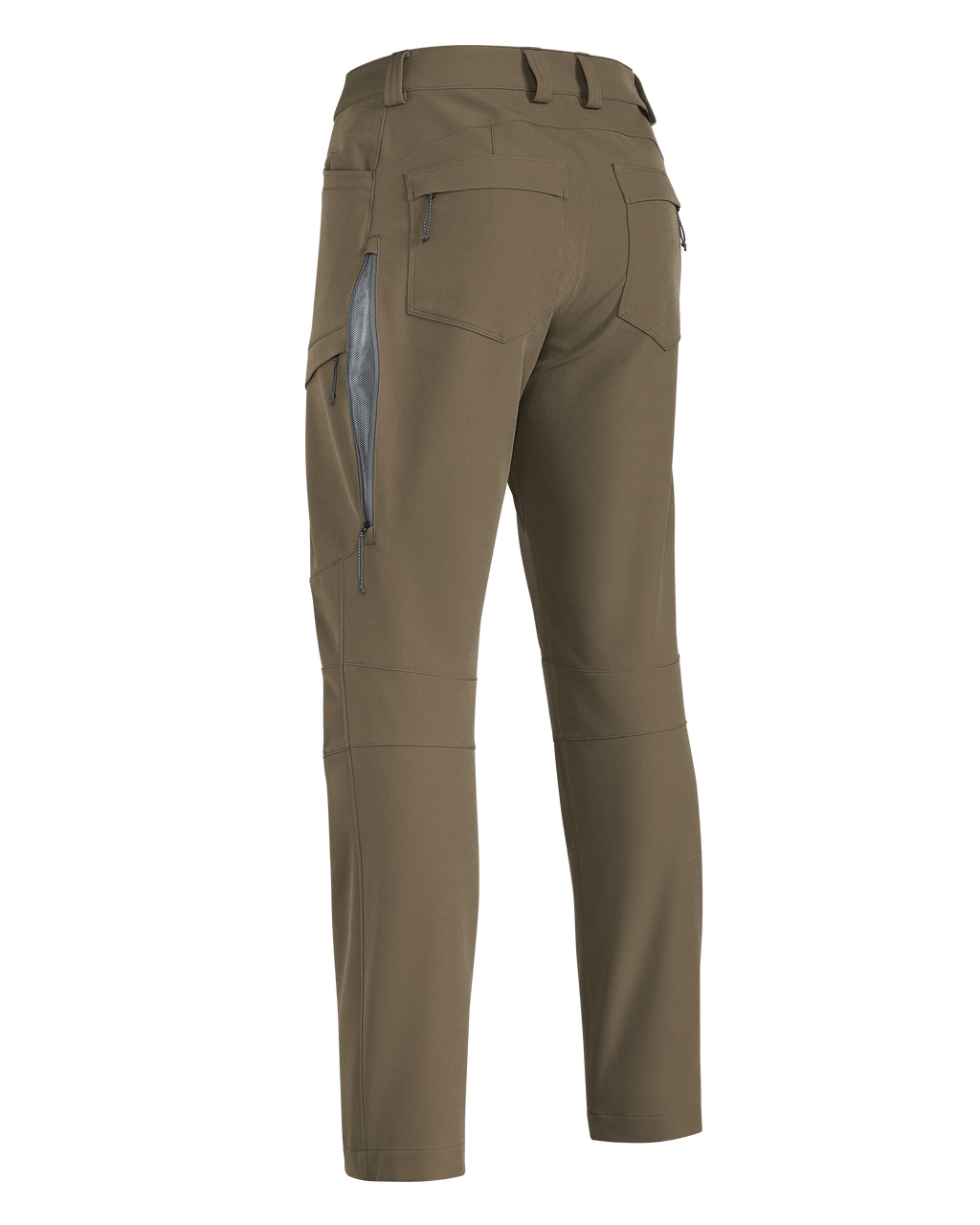 Back of Women's Attack Pant in Major Brown Highlighting YKK Zippered Mesh Backed Hip Vents