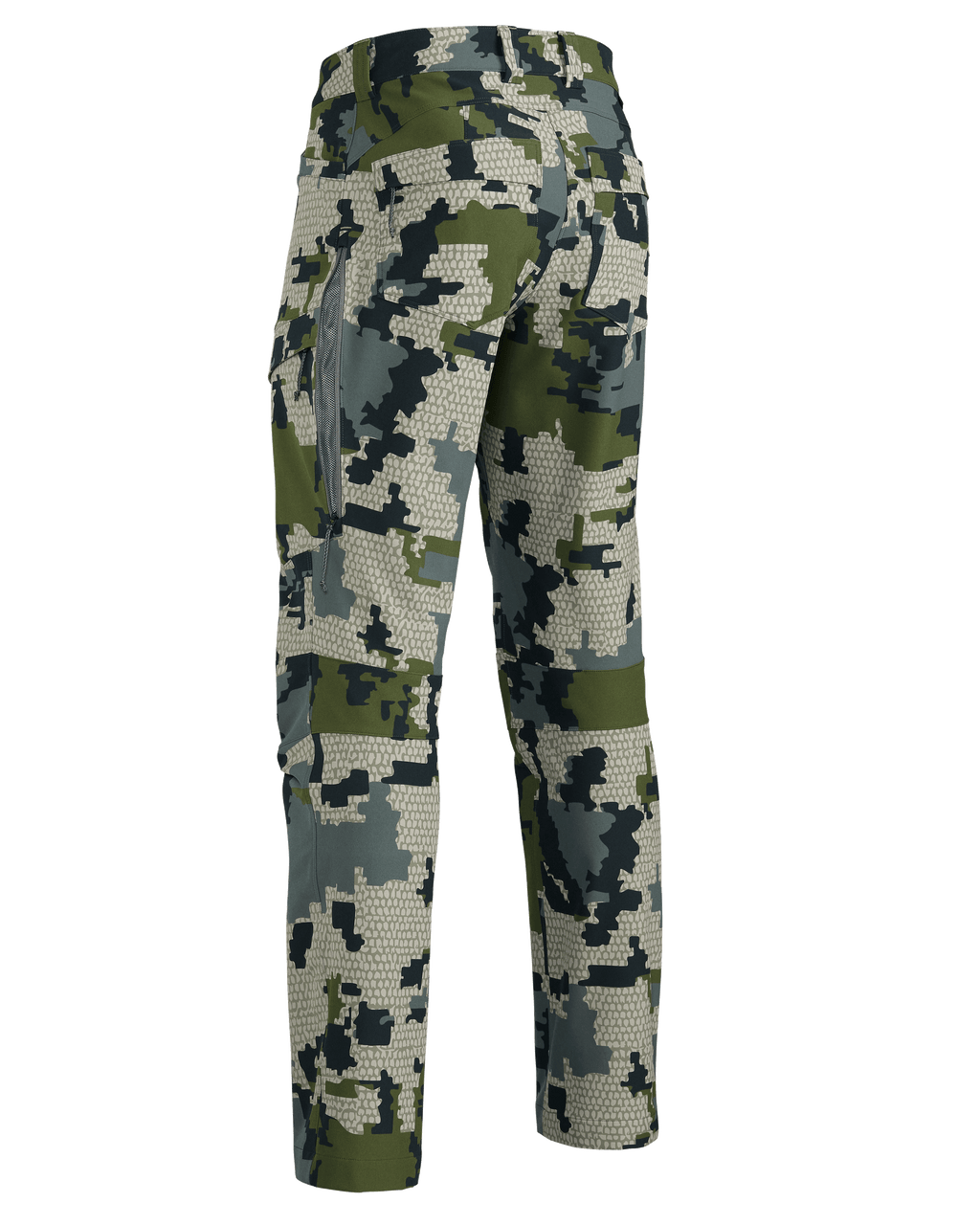 Back of Women's Attack Pant in Verde Camouflage with open hip vent