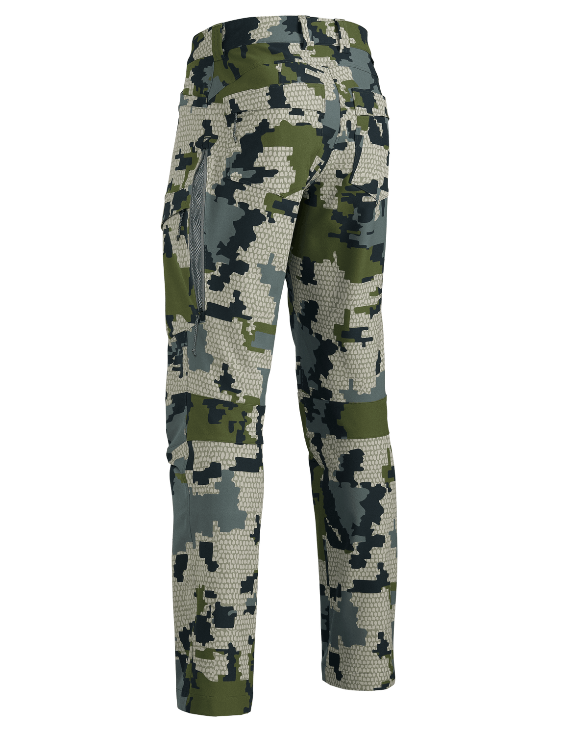 Back of Women's Attack Pant in Verde Camouflage with open hip vent
