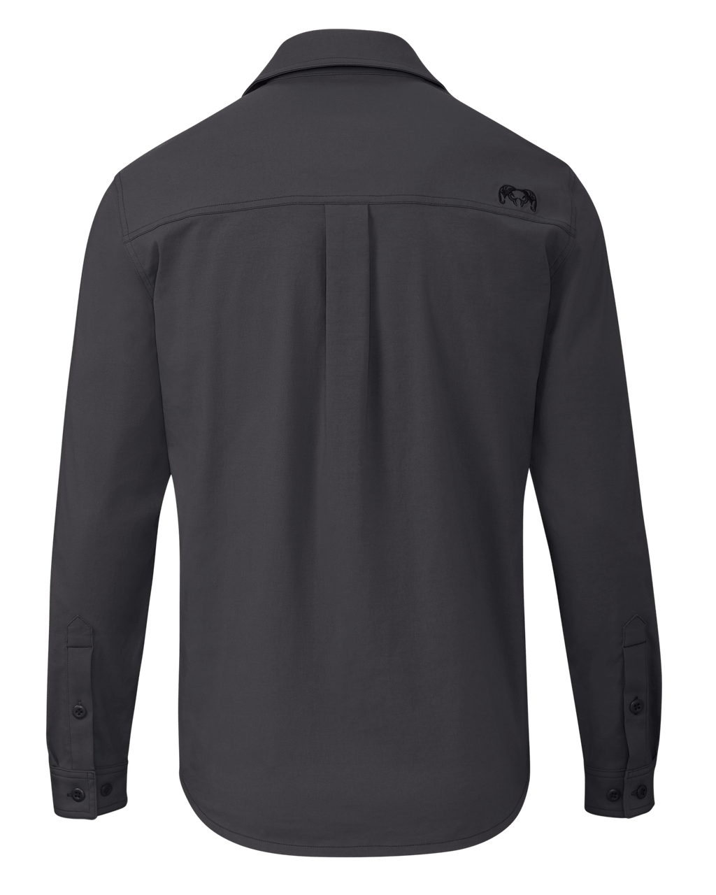 Back of Motive LS Work Shirt in Gunmetal Grey with small ram logo on back of the right shoulder