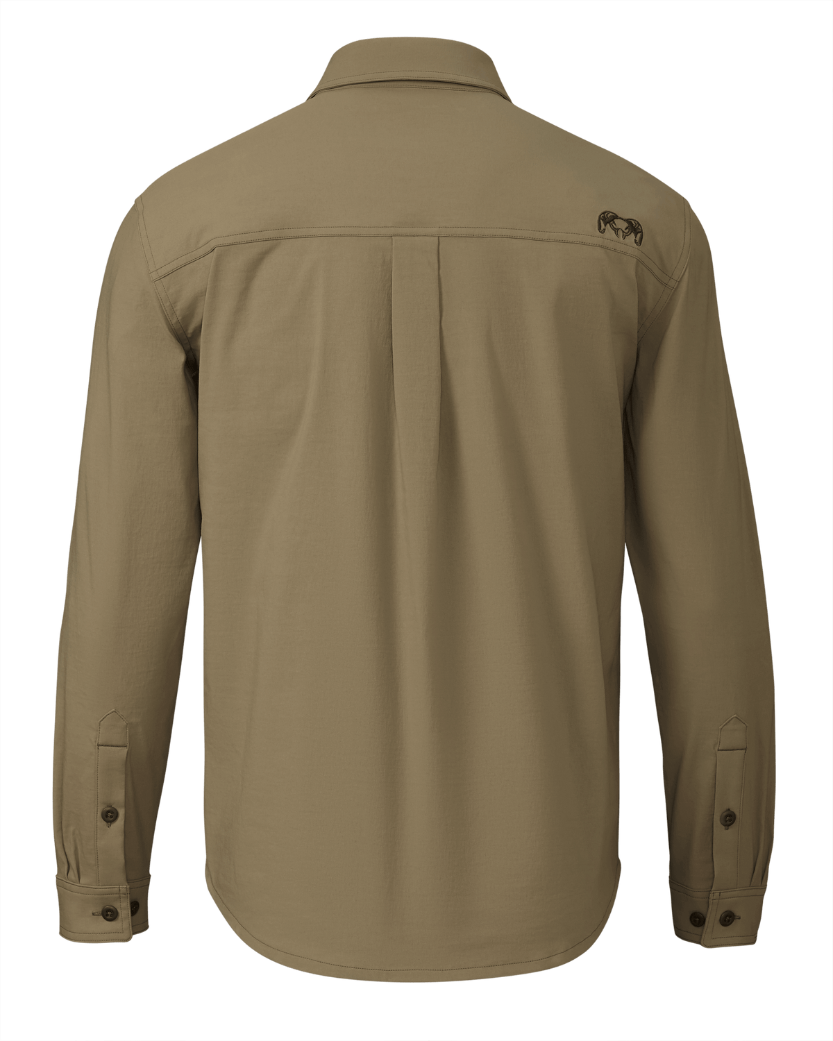 Back of Motive LS Work Shirt in Khaki with small ram logo on back of the right shoulder