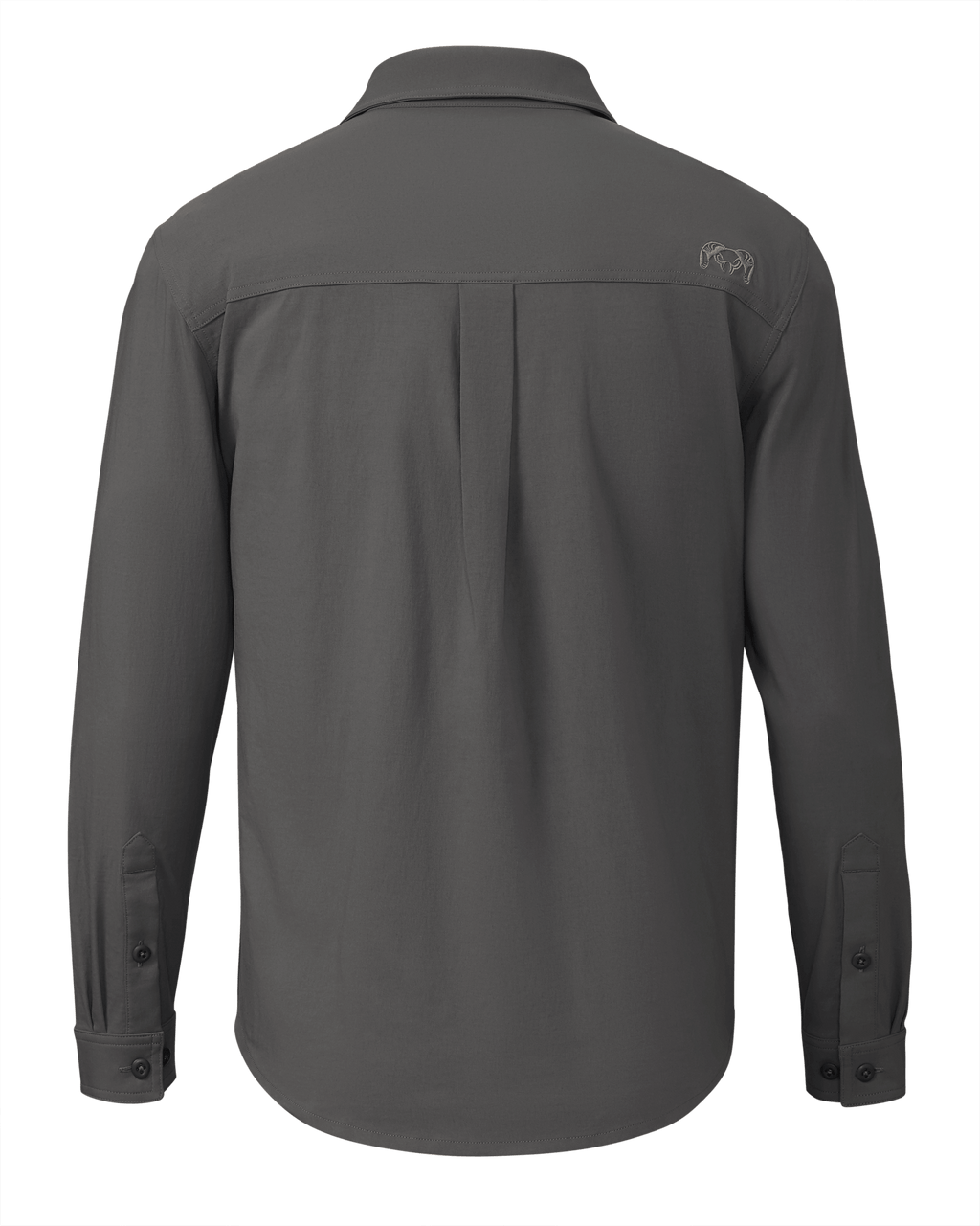 Back of dark grey button down collared shirt with small grey ram logo on back of the right shoulder