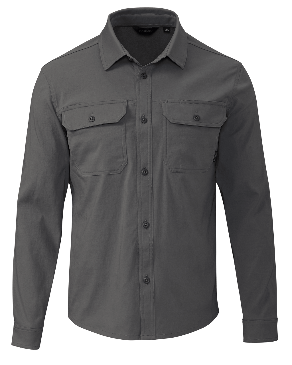 Grey collared button down long sleeve shirt with two button closure chest pockets