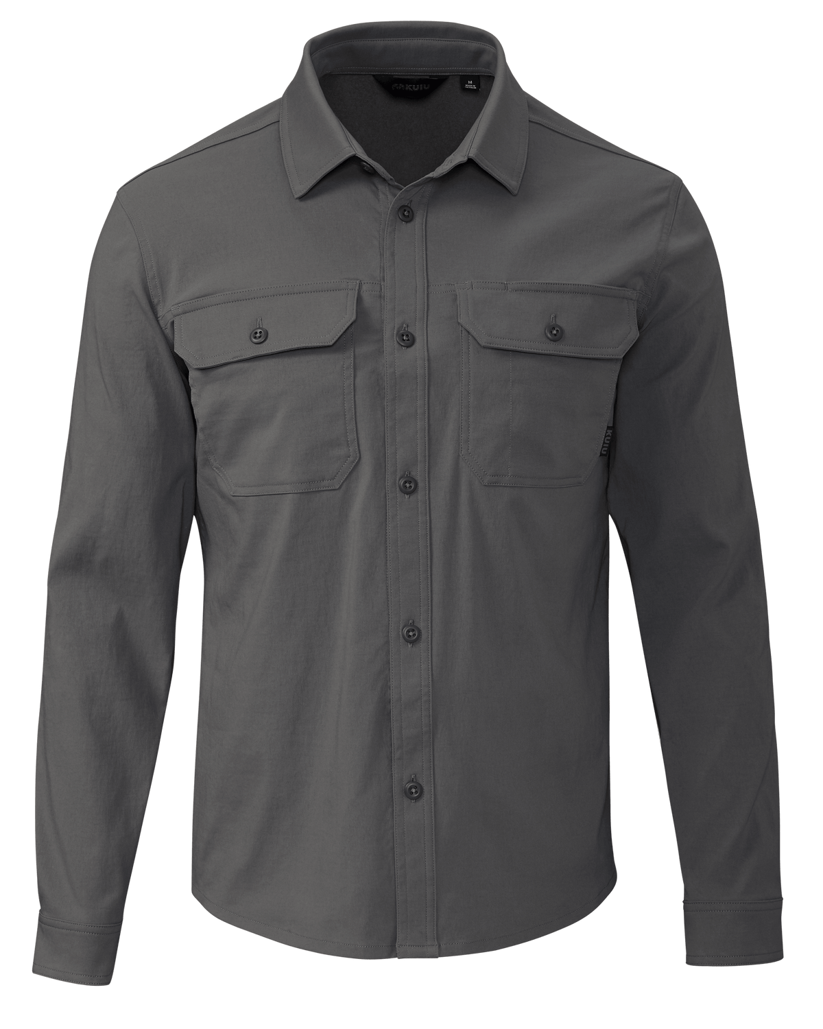 Grey collared button down long sleeve shirt with two button closure chest pockets