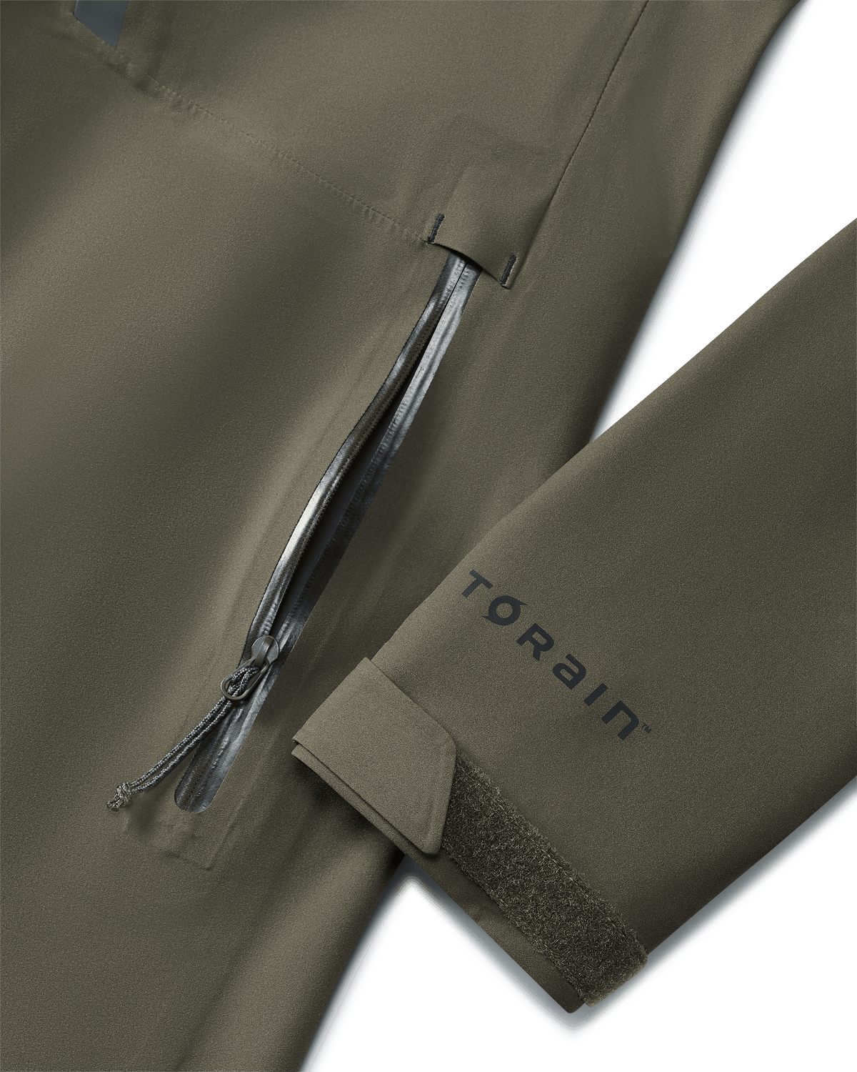 Front of Womens Chugach TR Rain Jacket in Ash Brown Color Highlighting YKK Aquaguard Zippered Hand Pocket