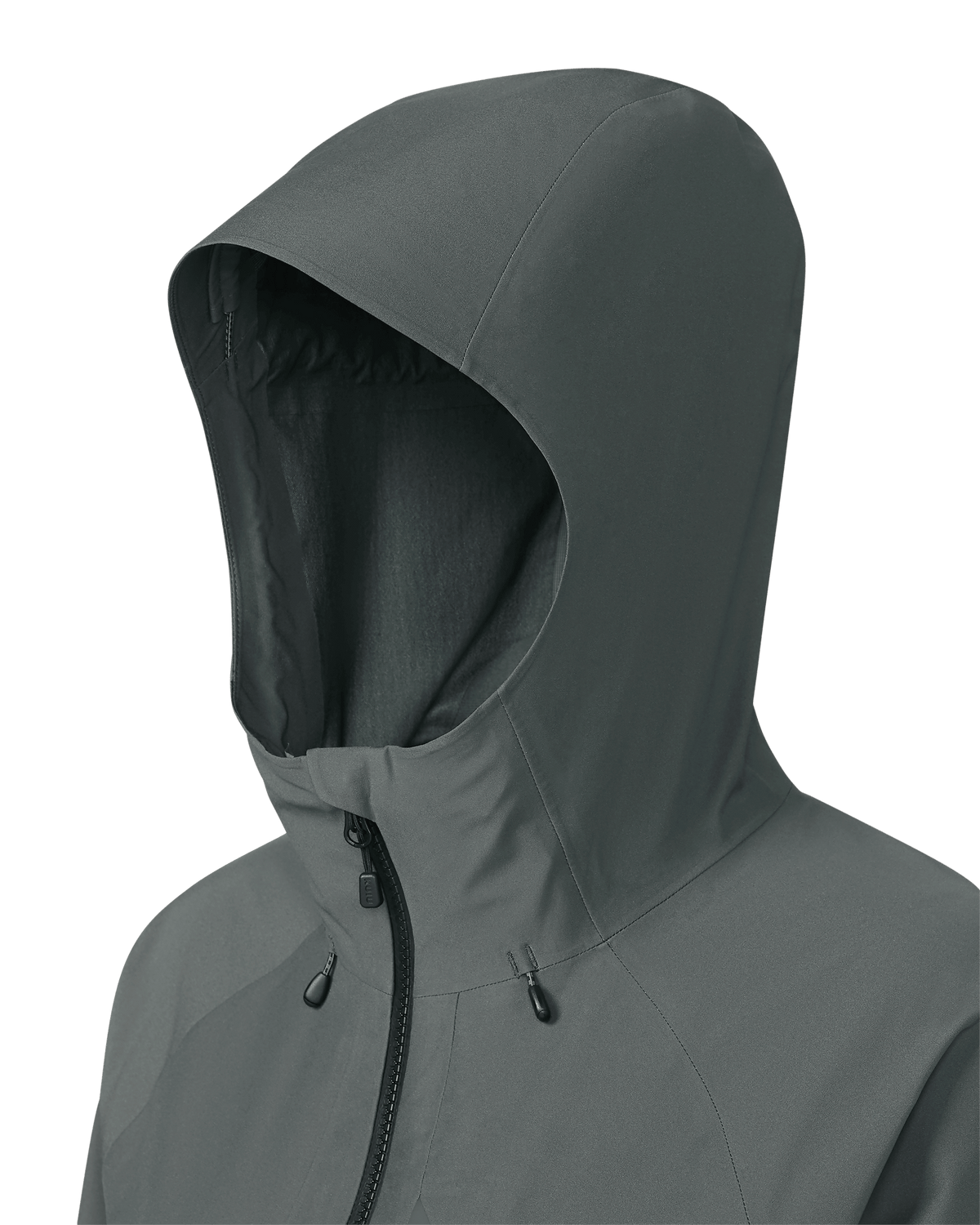 Angled, Front of Women's Chugach TR Rain Jacket in Gunmetal Grey Color Highlighting Dual-Adjust Hood With Visor