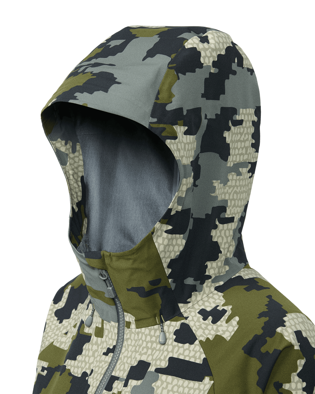 Detail of hood on Women's Chugach TR Rain Jacket in Verde Camouflage