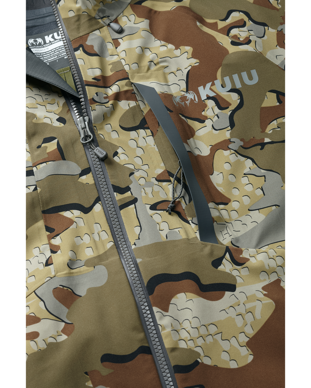Detail of vertical zippered chest pocket on Women's Chugach TR Rain Jacket in Valo Camouflage
