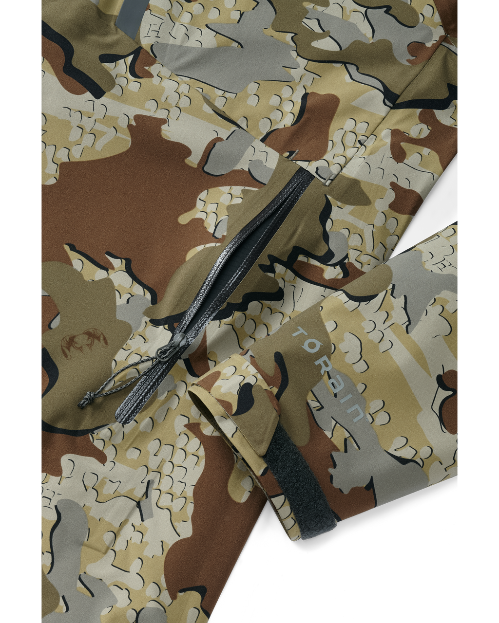 Detail of zippered hand pocket and cuff on Women's Chugach TR Rain Jacket in Valo Camouflage