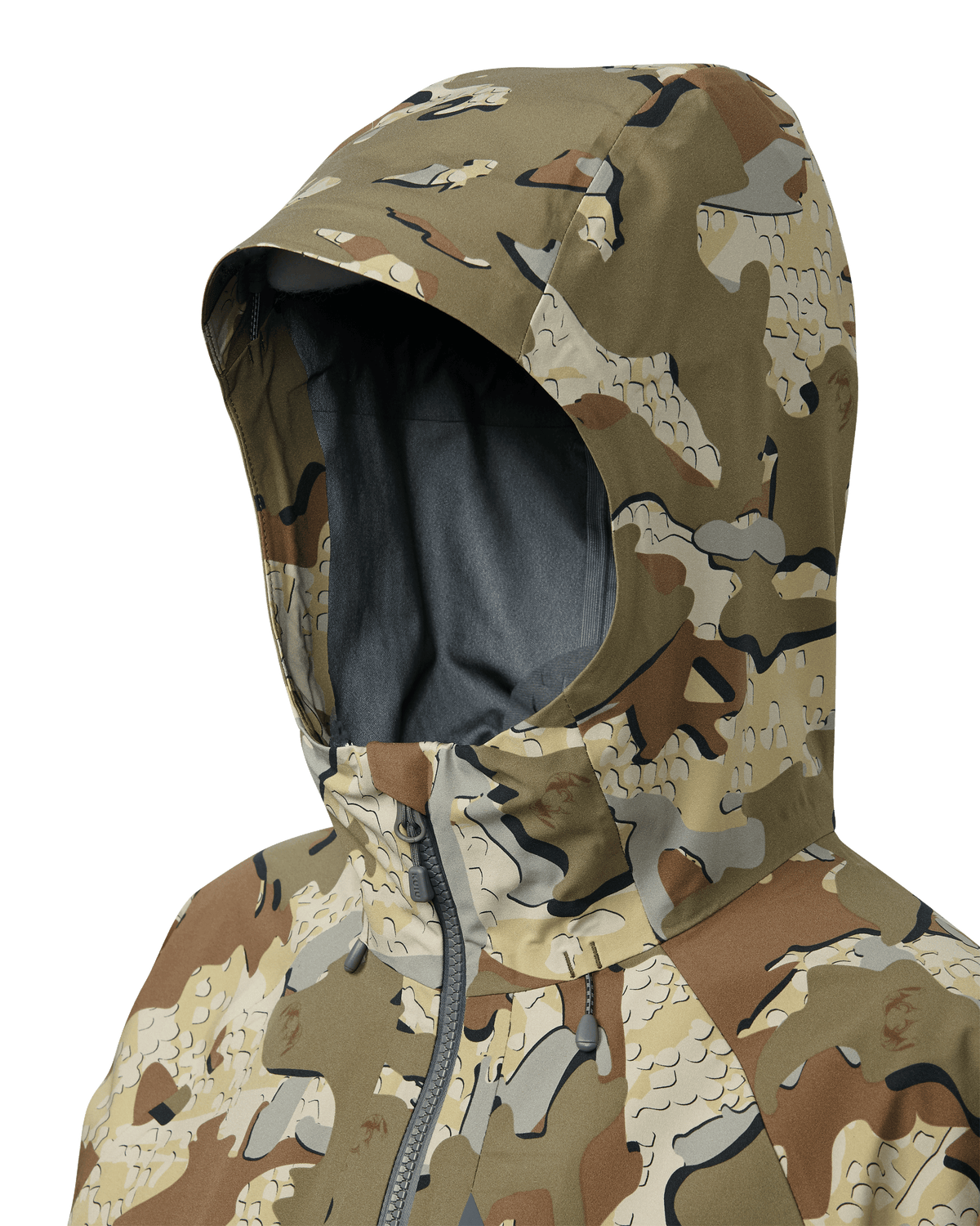 Detail of hood on Women's Chugach TR Rain Jacket in Valo Camouflage