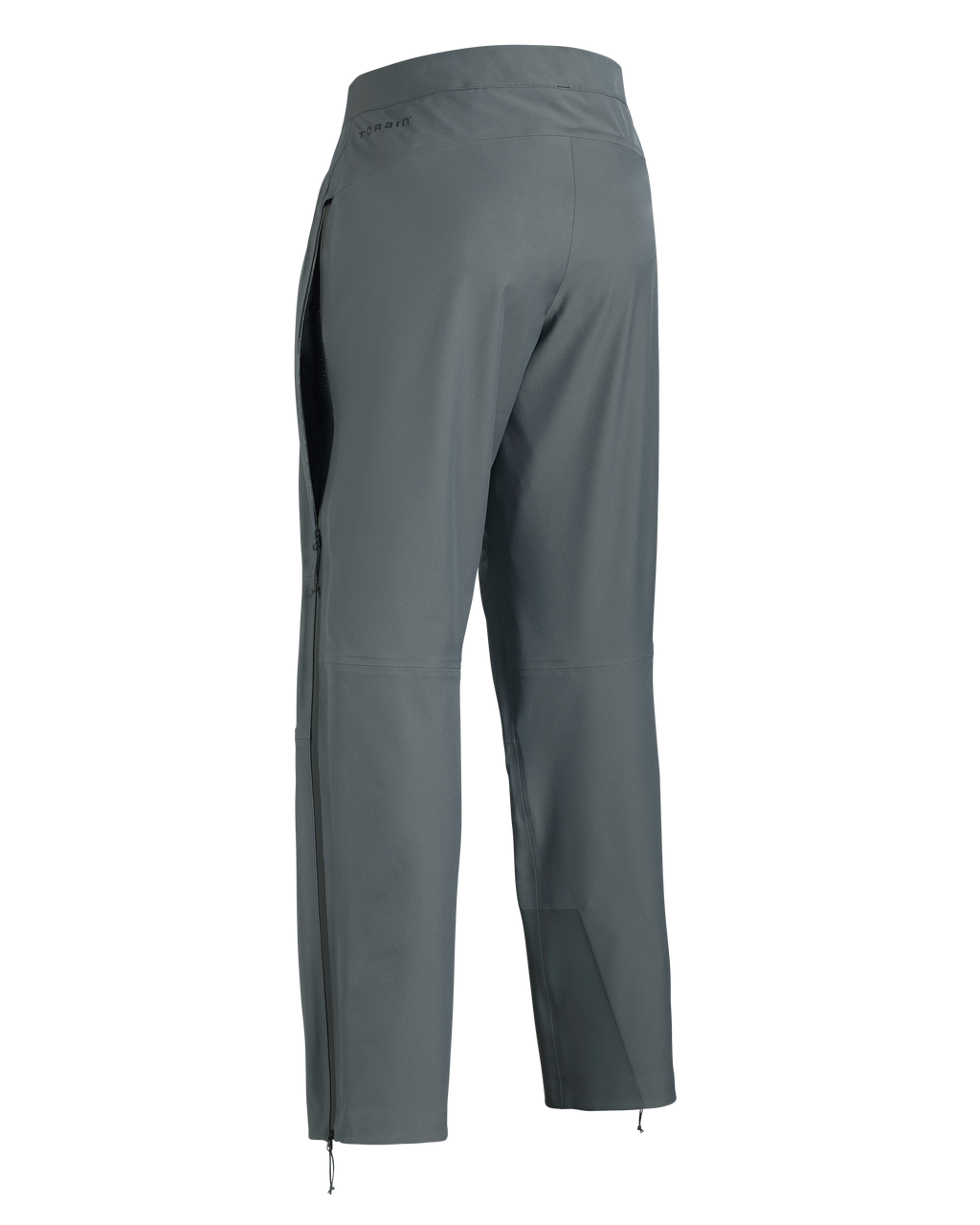 Back of Women's Chugach TR Rain Pant in Gunmetal Grey showing partially zipper acting as an open hip vent