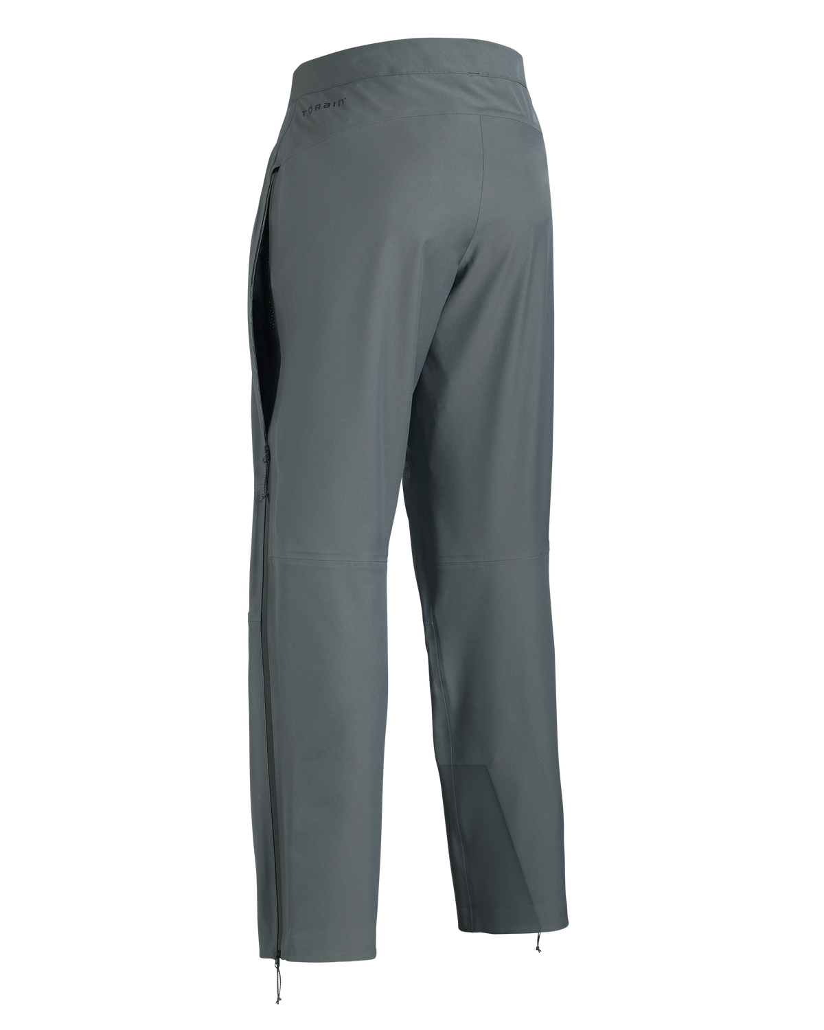 Back of Women's Chugach TR Rain Pant in Gunmetal Grey showing partially zipper acting as an open hip vent