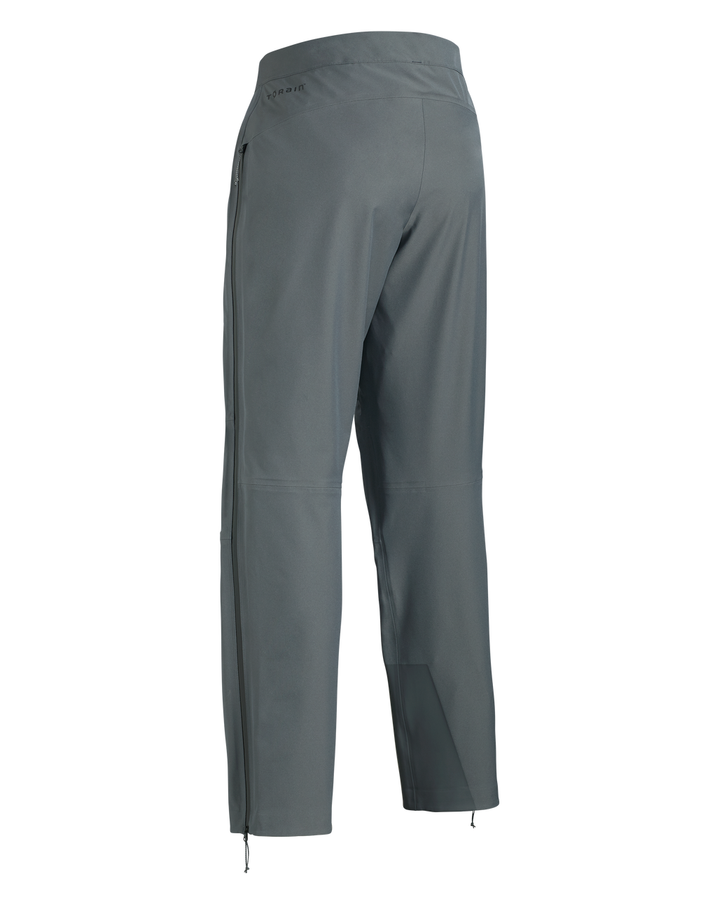 Back of Women's Chugach TR Rain Pant in Gunmetal Grey showing full-length leg zipper