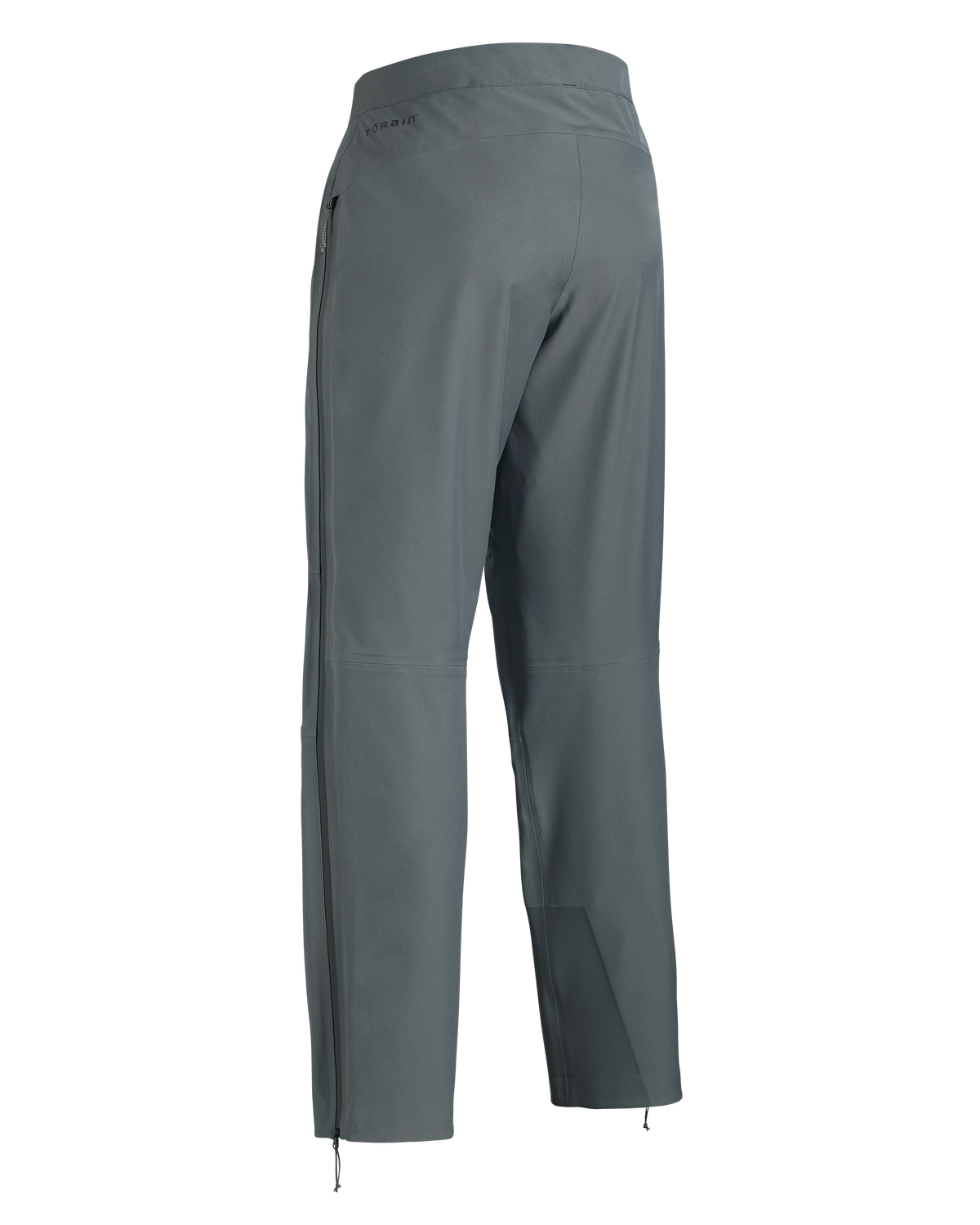 Back of Women's Chugach TR Rain Pant in Gunmetal Grey showing full-length leg zipper