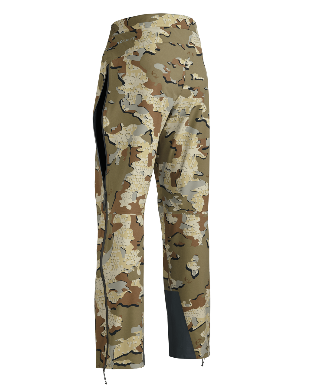 Back of Women's Chugach TR Rain Pant in Valo Camouflage with partially open full-length leg zipper by thigh
