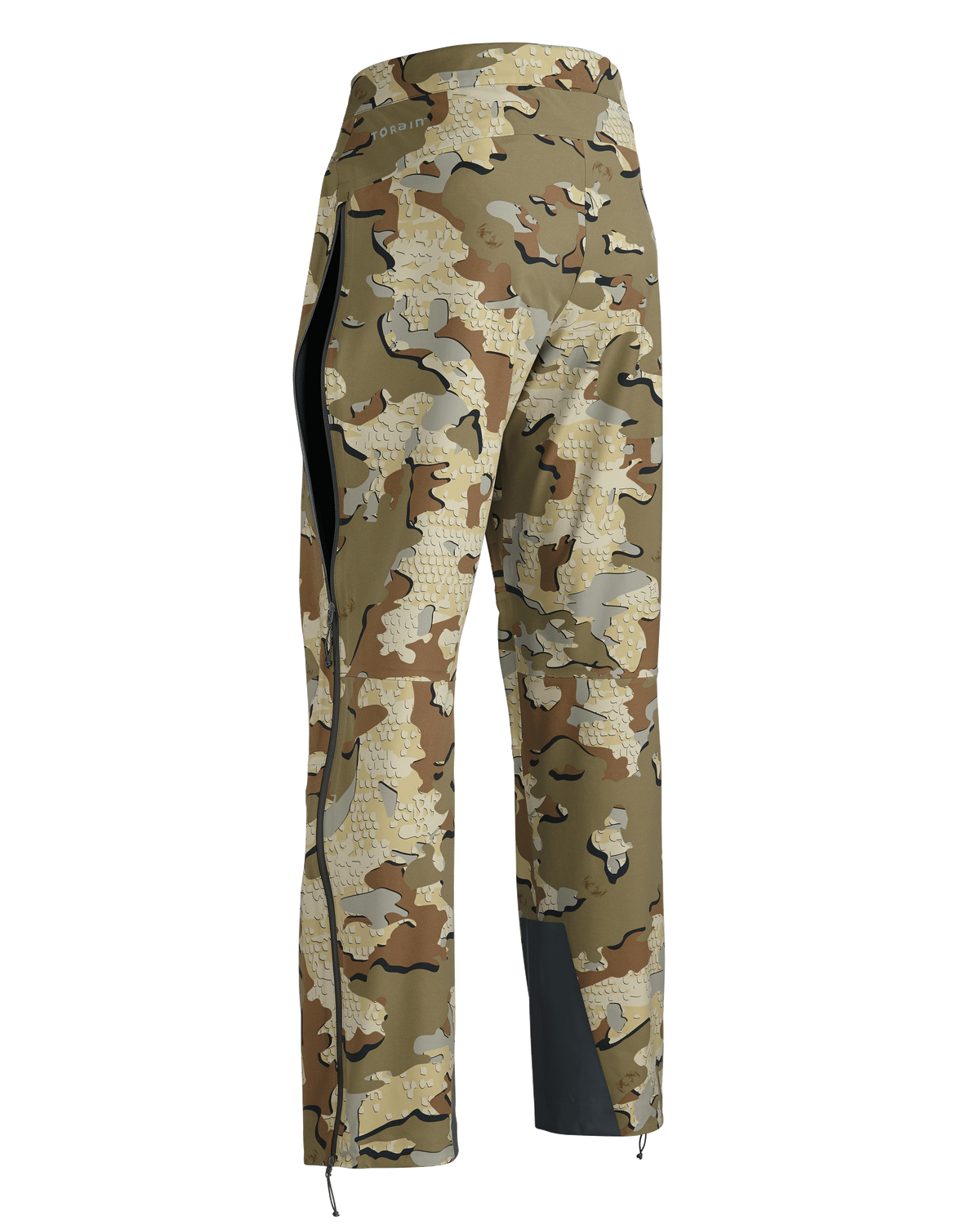 Back of Women's Chugach TR Rain Pant in Valo Camouflage with partially open full-length leg zipper by thigh