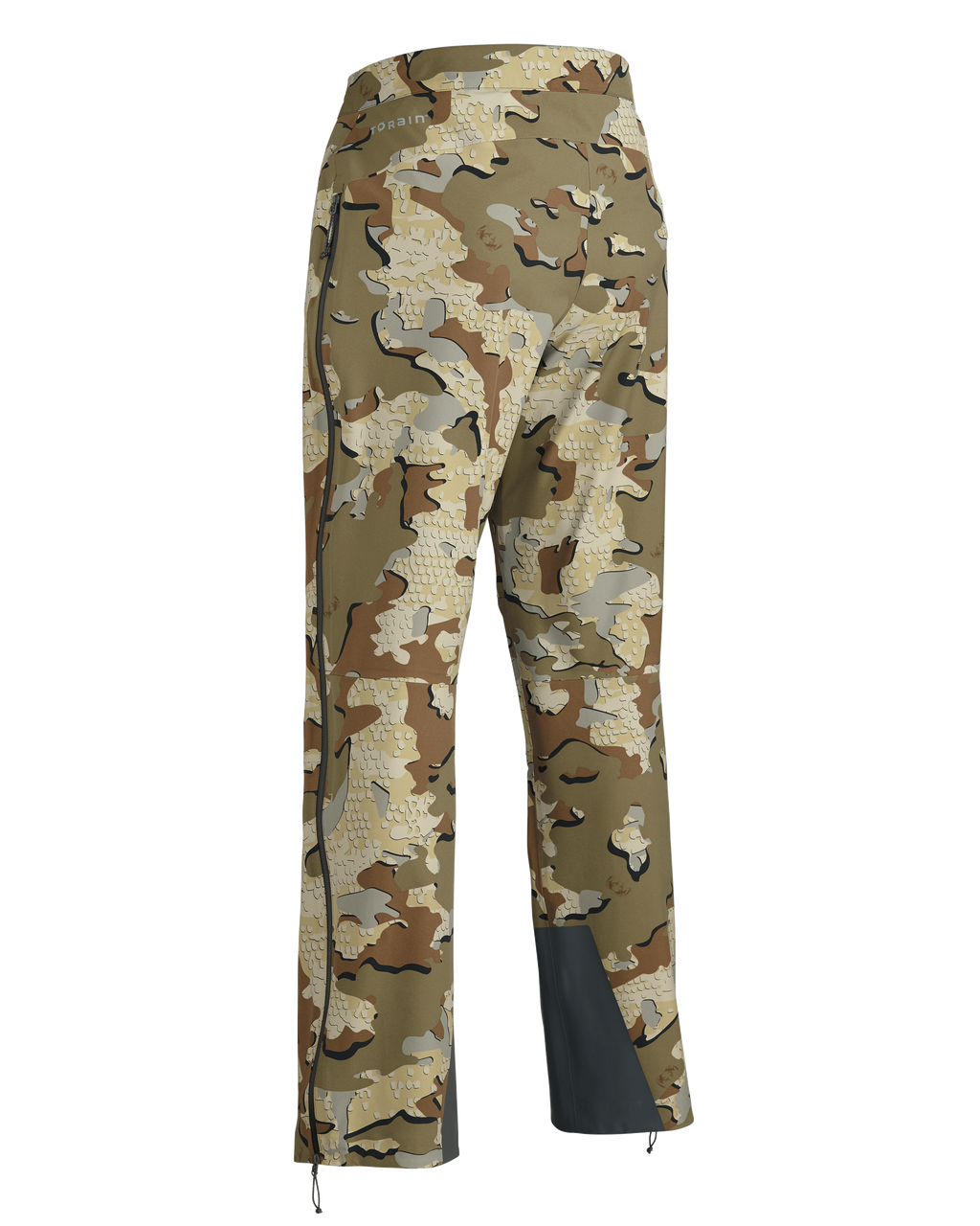 Back of Women's Chugach TR Rain Pant in Valo Camouflage showing full-length leg zipper