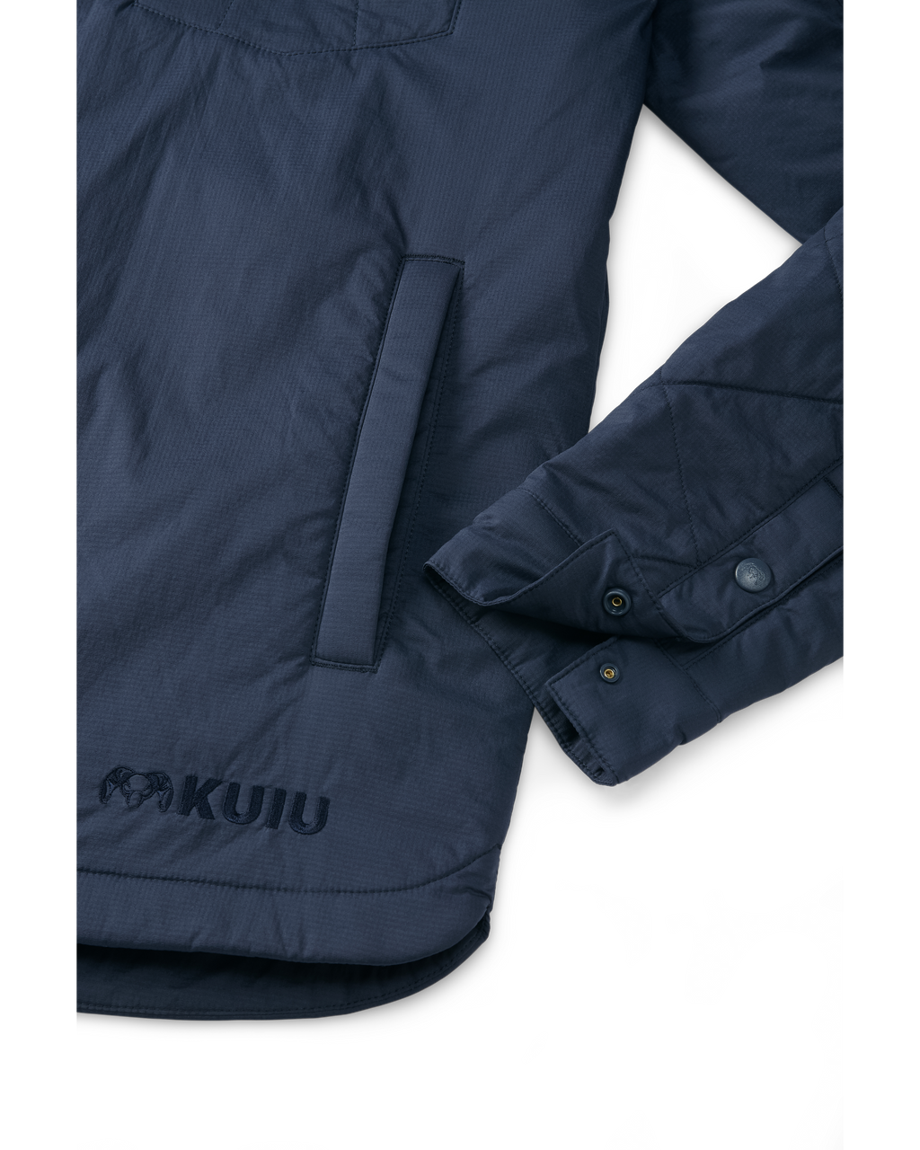 Detail image showing the wrist cuff snap on the Base Camp Insulated Snap Shirt in Steel Blue