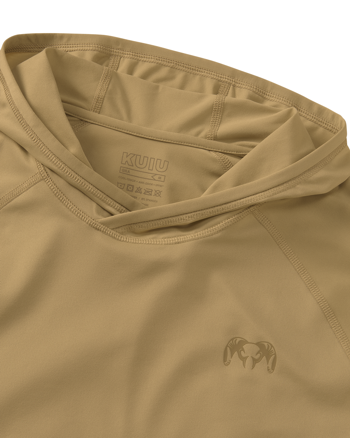 Close-up flat lay view of flatlock seams, folded hood, and KUIU Ram logo on left chest of Gila Long Sleeve Hoodie in Dune Khaki