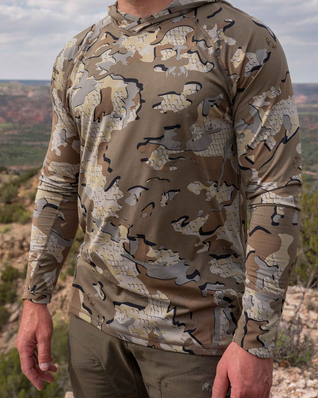 Front of Hunter in Gila Long Sleeve Hoodie in Valo Camouflage