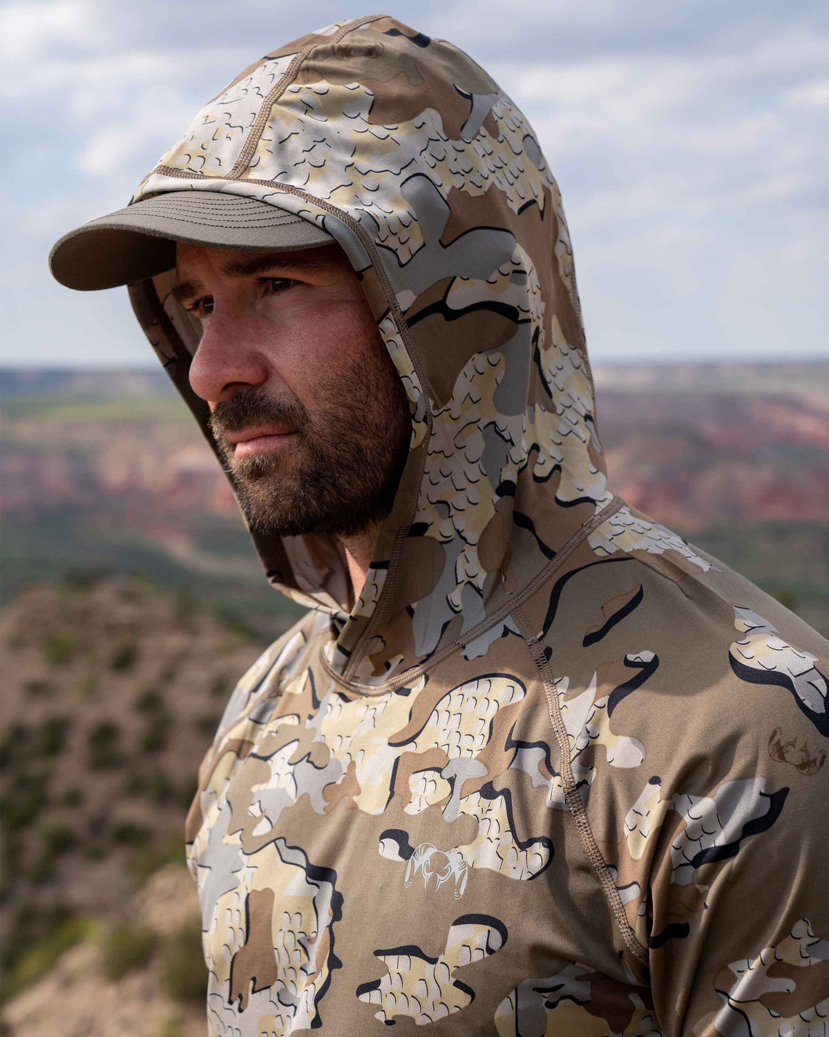 Front of Gila Long Sleeve Hoodie in Valo Camouflage highlighting the hood and cap compatability