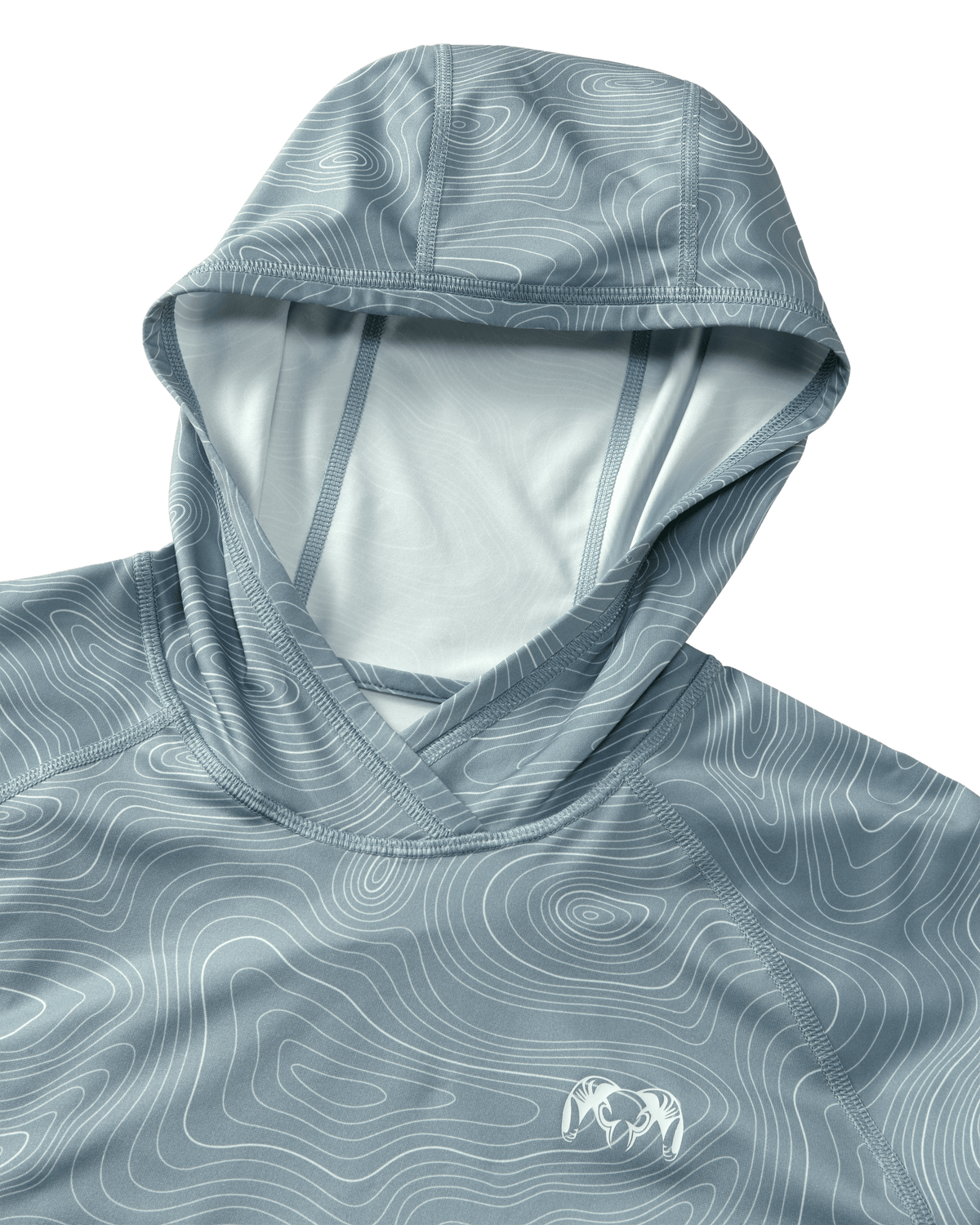 Flat hood, collar, and small chest ram logo on Gila LS Hoodie in Glacier Blue Topo Print