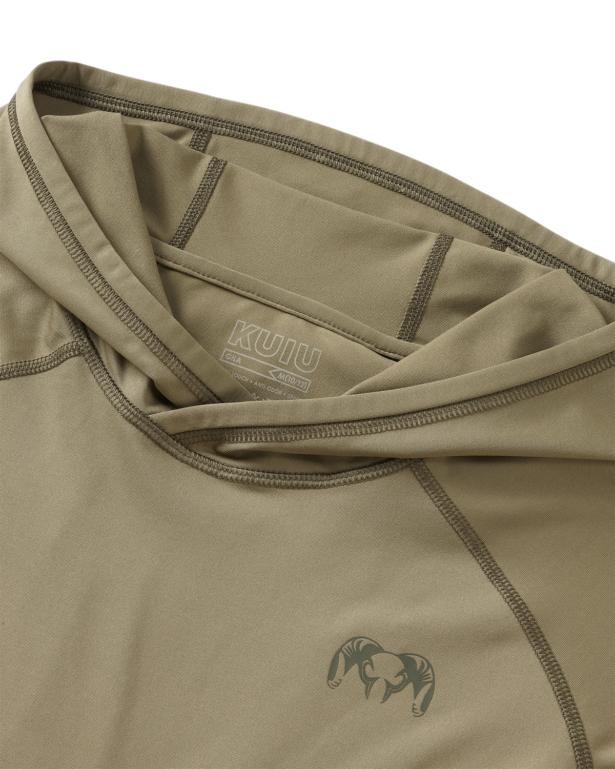 Front detailed neck and inside hoodie of the Youth Gila Long Sleeve Hoodie in Khaki