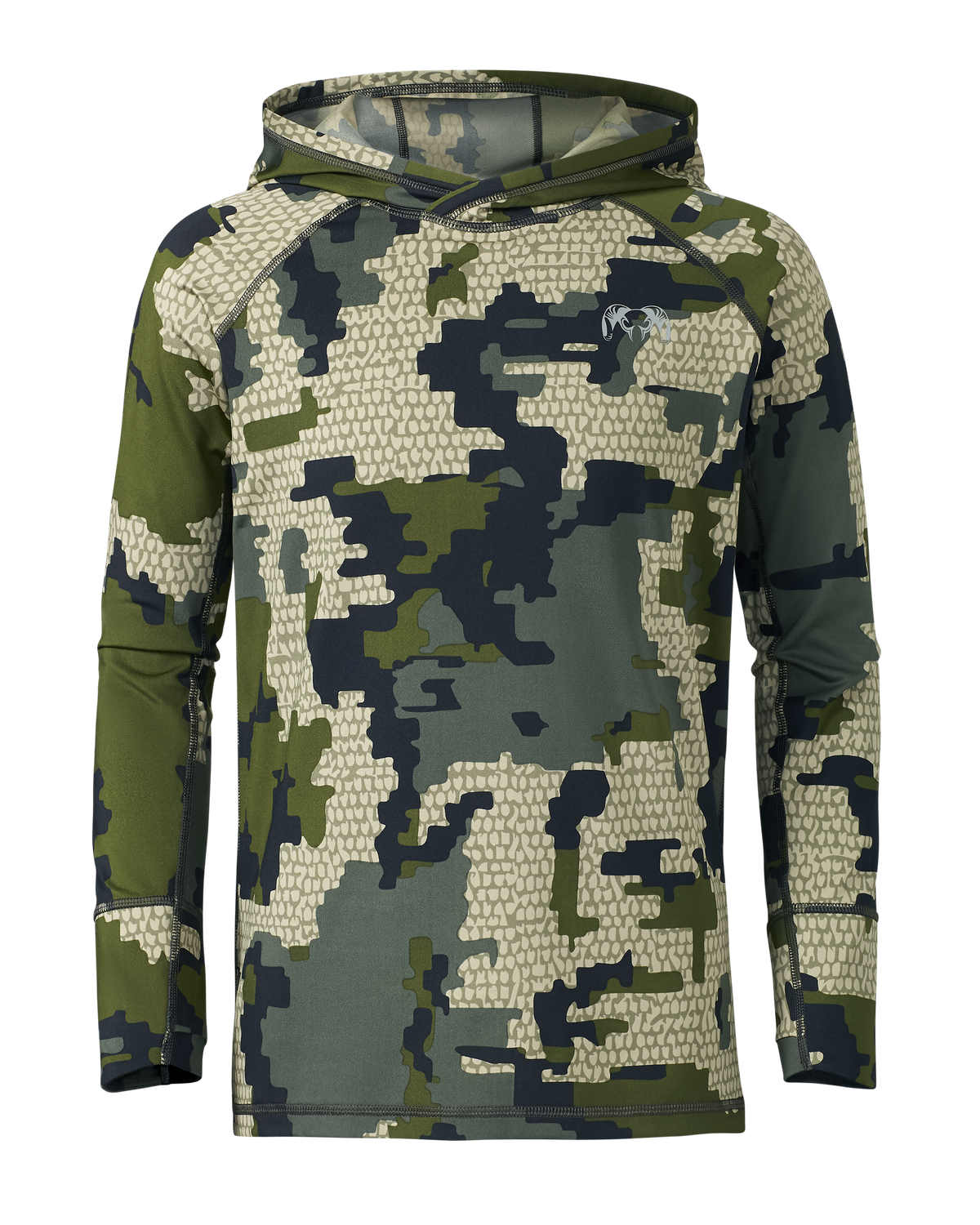 Front of Youth Gila Long Sleece Hoodie in Verde Camouflage