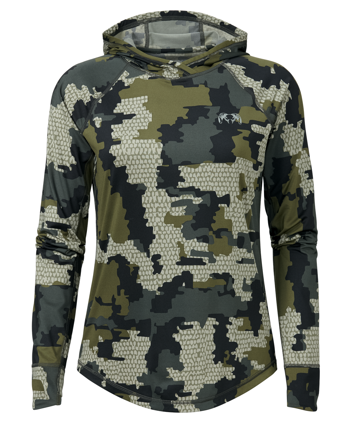 Front of Women's Gila Long Sleeve Hoodie in Verde Camouflage