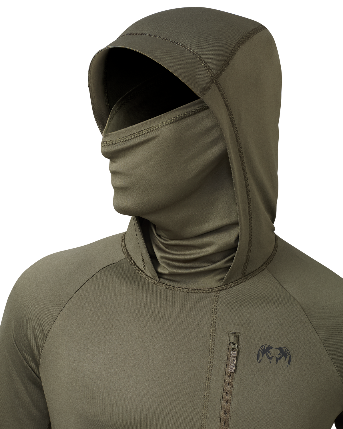 Gila PRO Long Sleeve Hoodie shown in Ash Brown on mannequin highlighting the built-in neck gaiter and fitted hood with visor