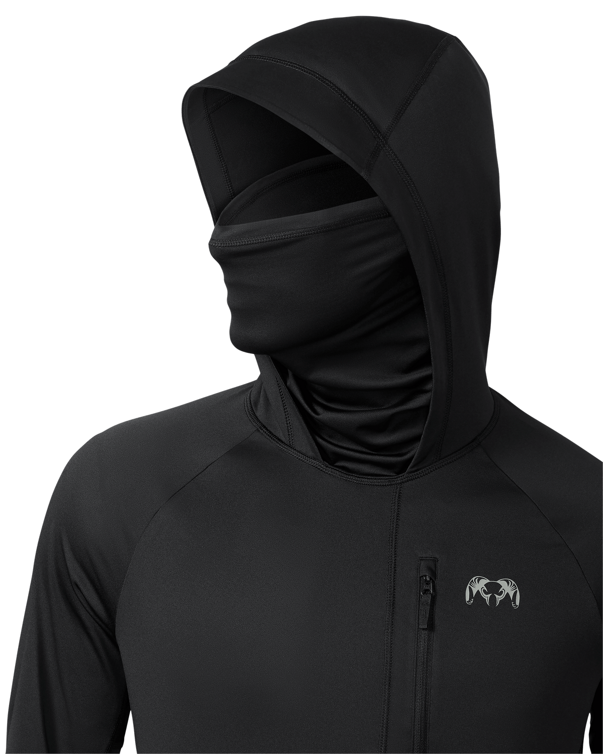 Gila PRO Long Sleeve Hoodie shown in Black on mannequin highlighting the built-in neck gaiter and fitted hood with visor