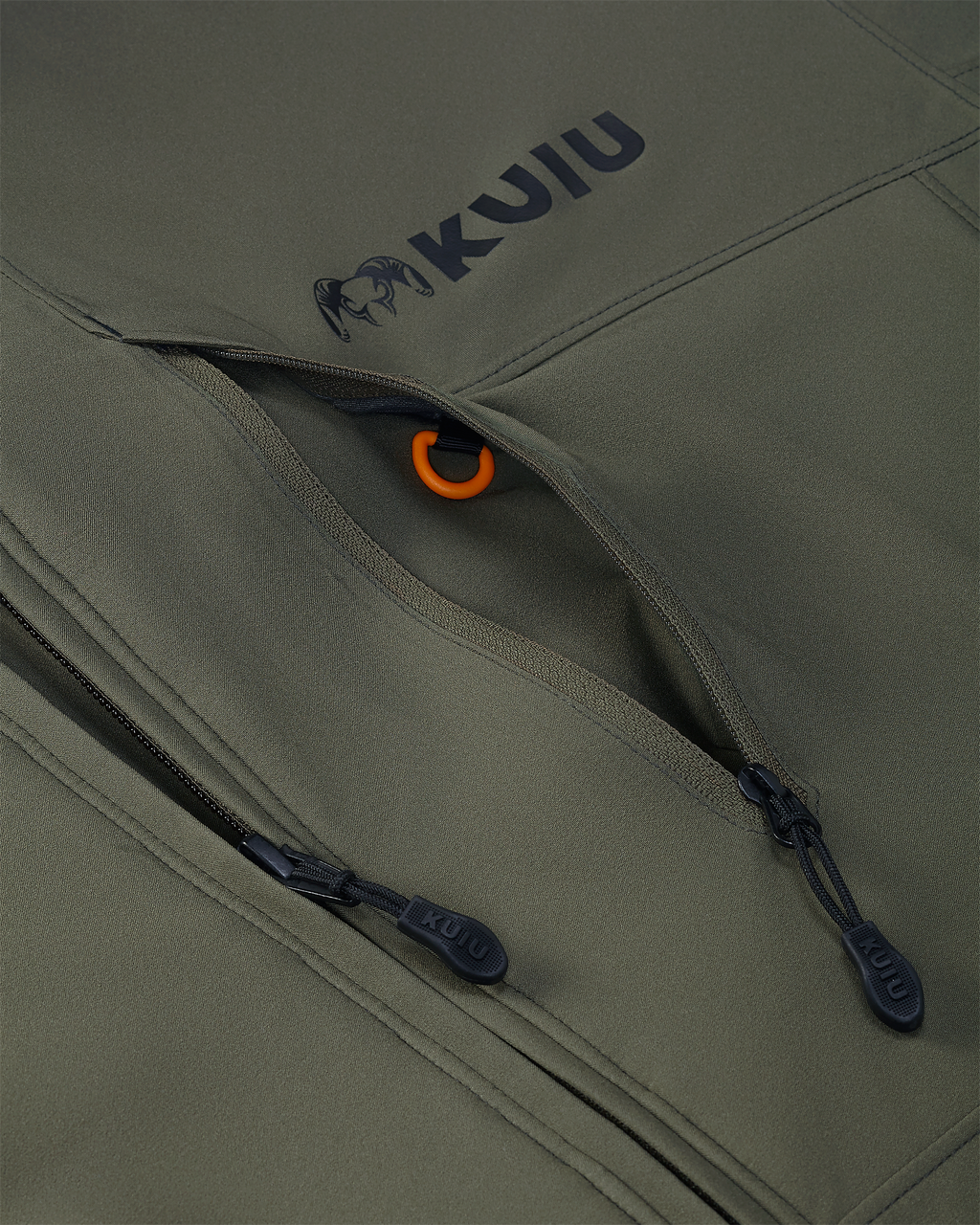 Close-up of chest pocket with internal D-ring on the Mountain PRO Hooded Jacket in Ash Brown
