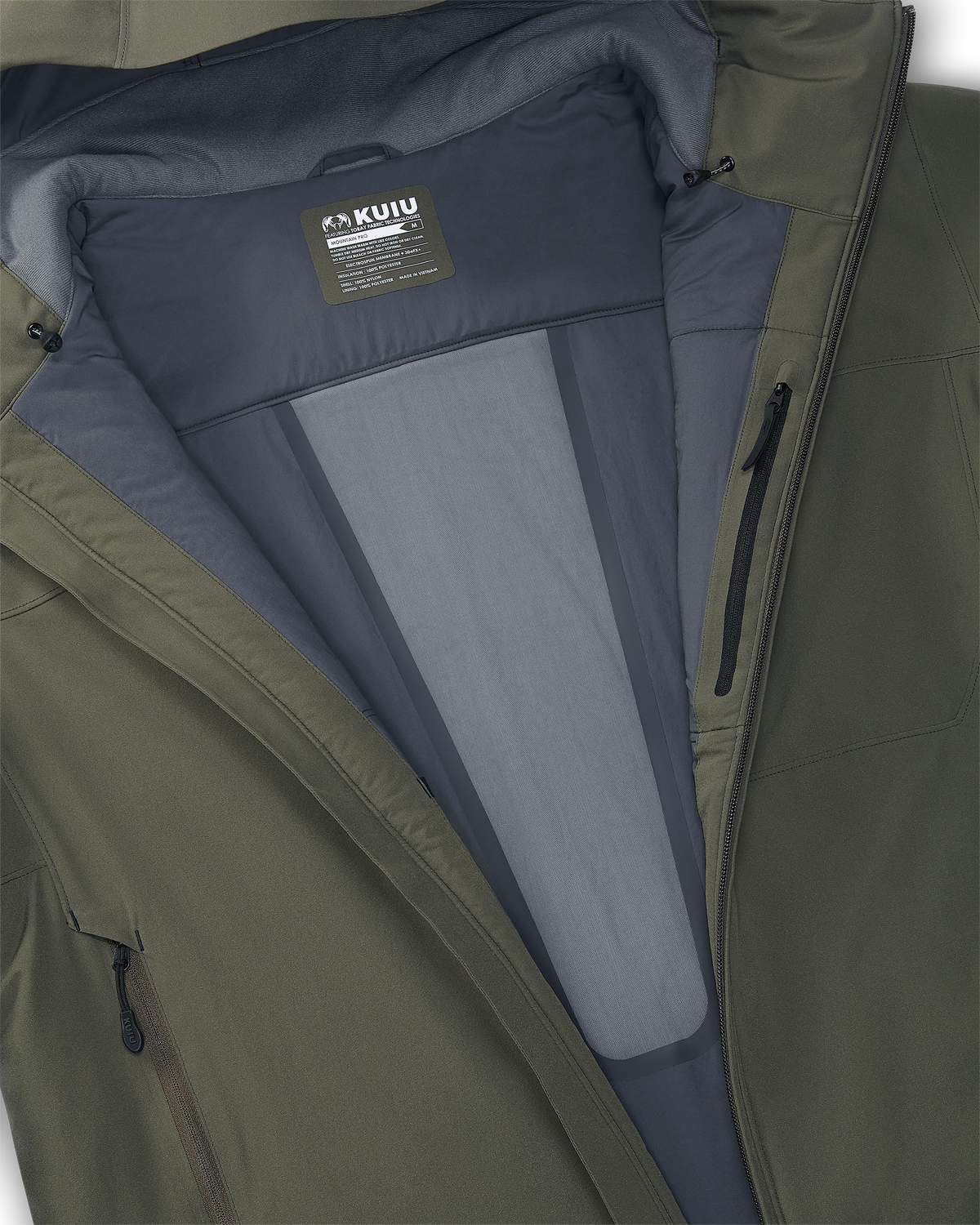 Interior mesh back vent to promote airflow to regulate body heat on the Mountain PRO Hooded Jacket in Ash Brown