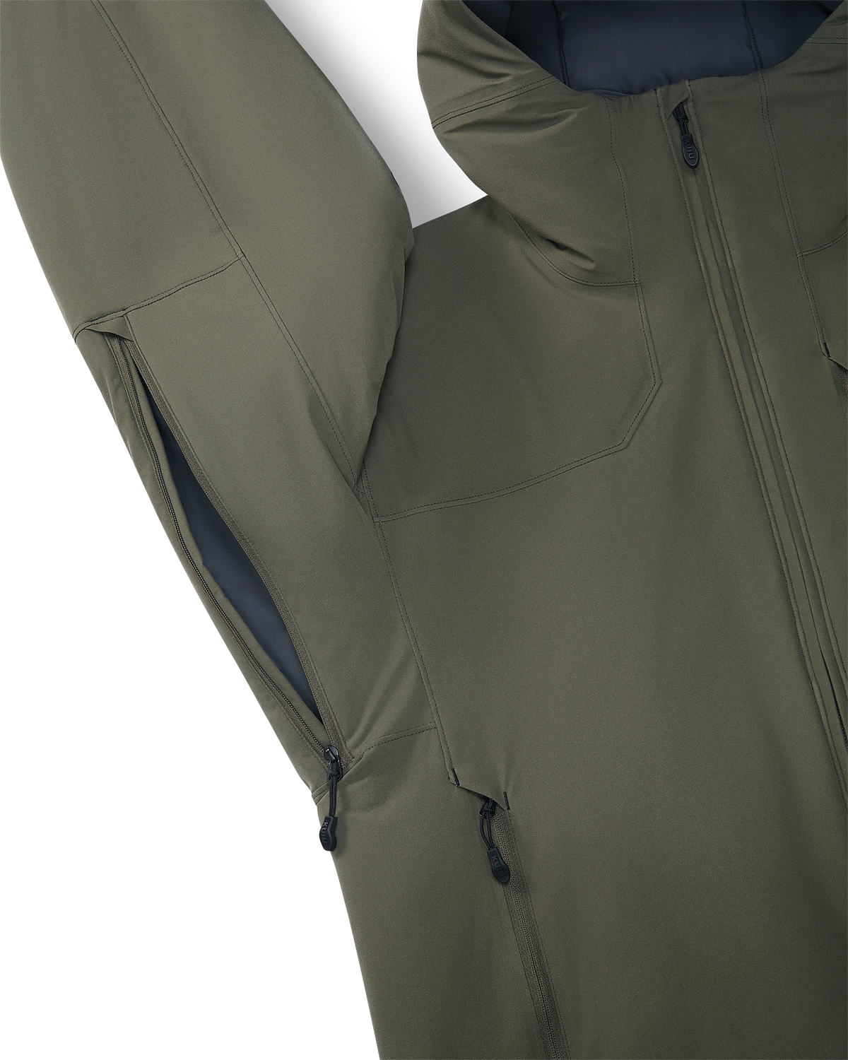 Close-up pit zip ventilation on the Mountain PRO Hooded Jacket in Ash Brown