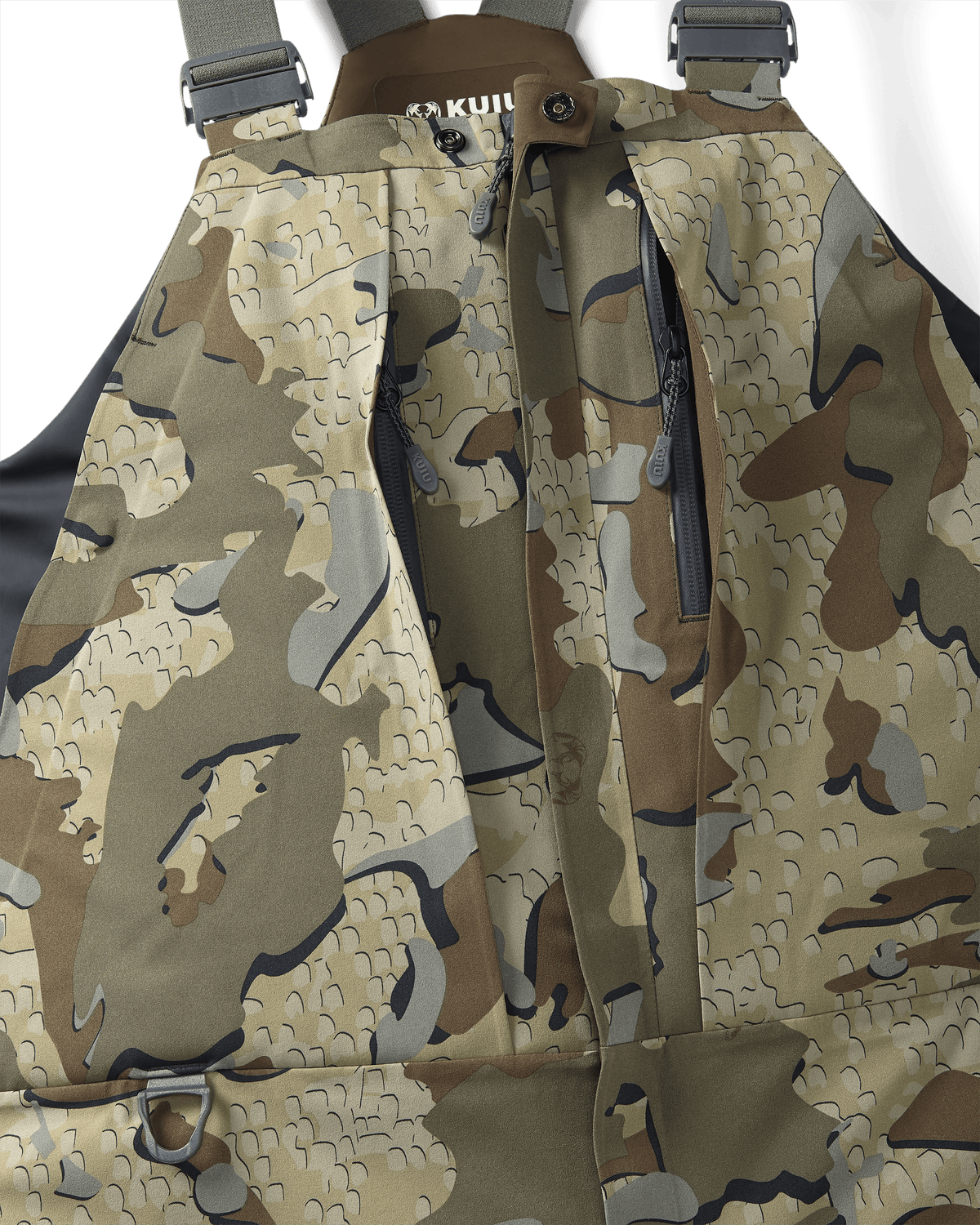 Close-up of front vertical zippered chest pockets on the Paragon Storm Shell Bib in Valo Camouflage