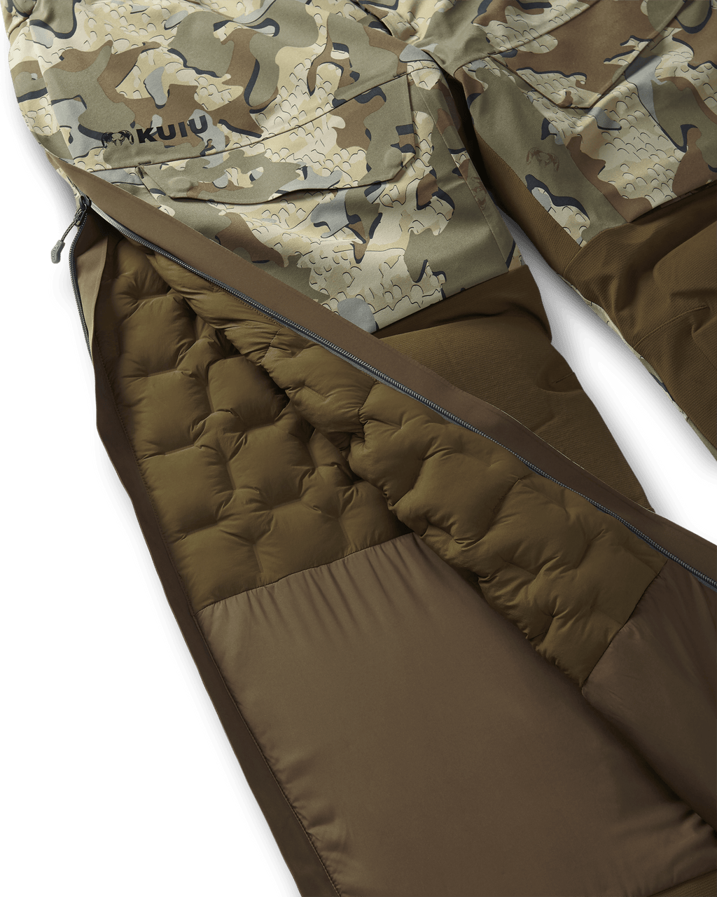 Unzipped right side leg zipper, highlighting interior insulation stitched baffles on the Paragon Storm Shell Bib in Valo Camouflage