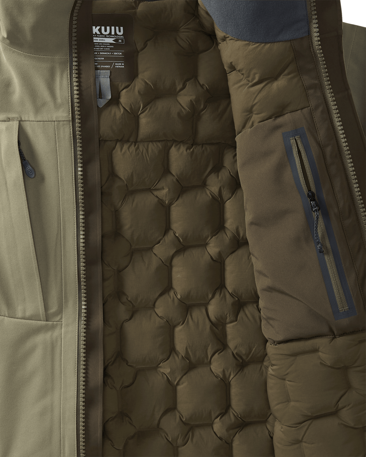 Interior Sektor stitch-free woven baffles and vertical zipped pocket on KUIU Paragon Storm Shell Parka in Arctic Shadow Khaki