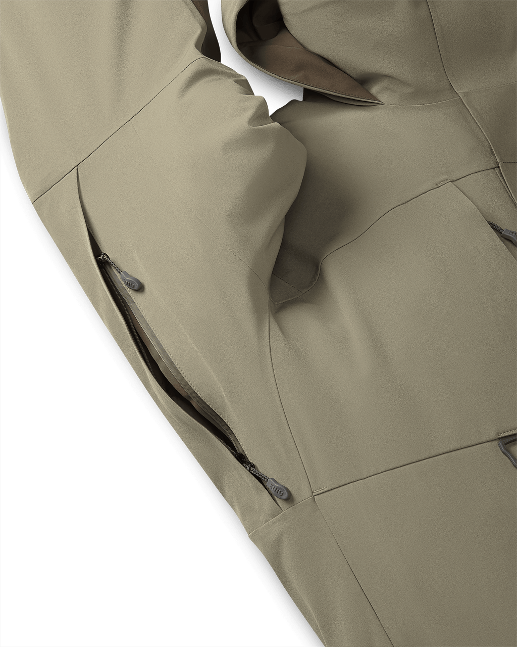 Pit zip ventilation on the Paragon Storm Shell Parka in Arctic Shadow Khaki