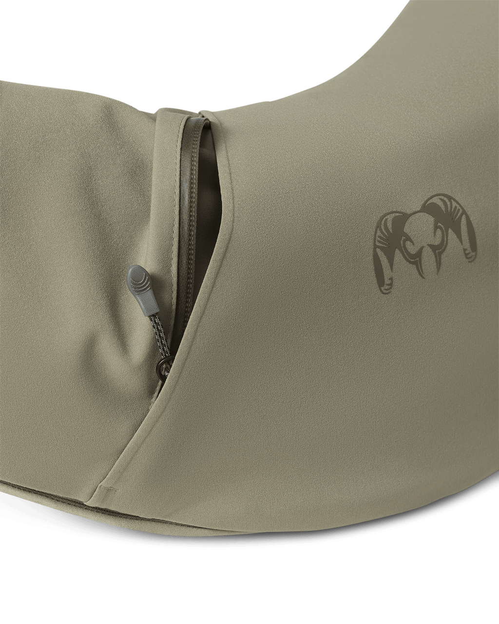 Close-up view of front zippered pocket on the Paragon Storm Shell Hand Muff in Arctic Shadow Khaki