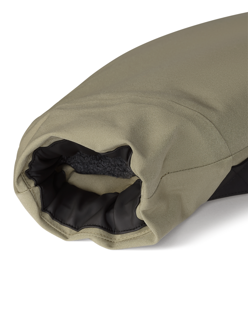Close-up of fitted waterproof wrist closure on the Paragon Storm Shell Hand Muff in Arctic Shadow Khaki