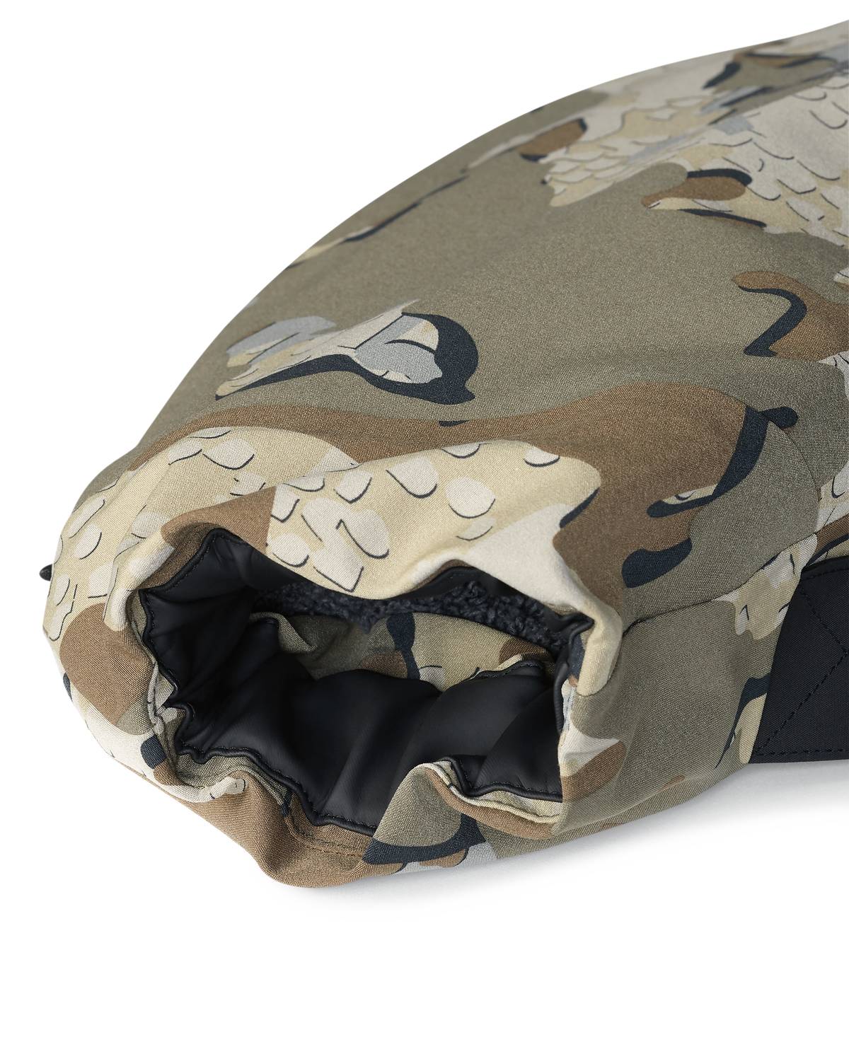 Close-up of fitted waterproof wrist closure on the Paragon Storm Shell Hand Muff in Valo Camouflage