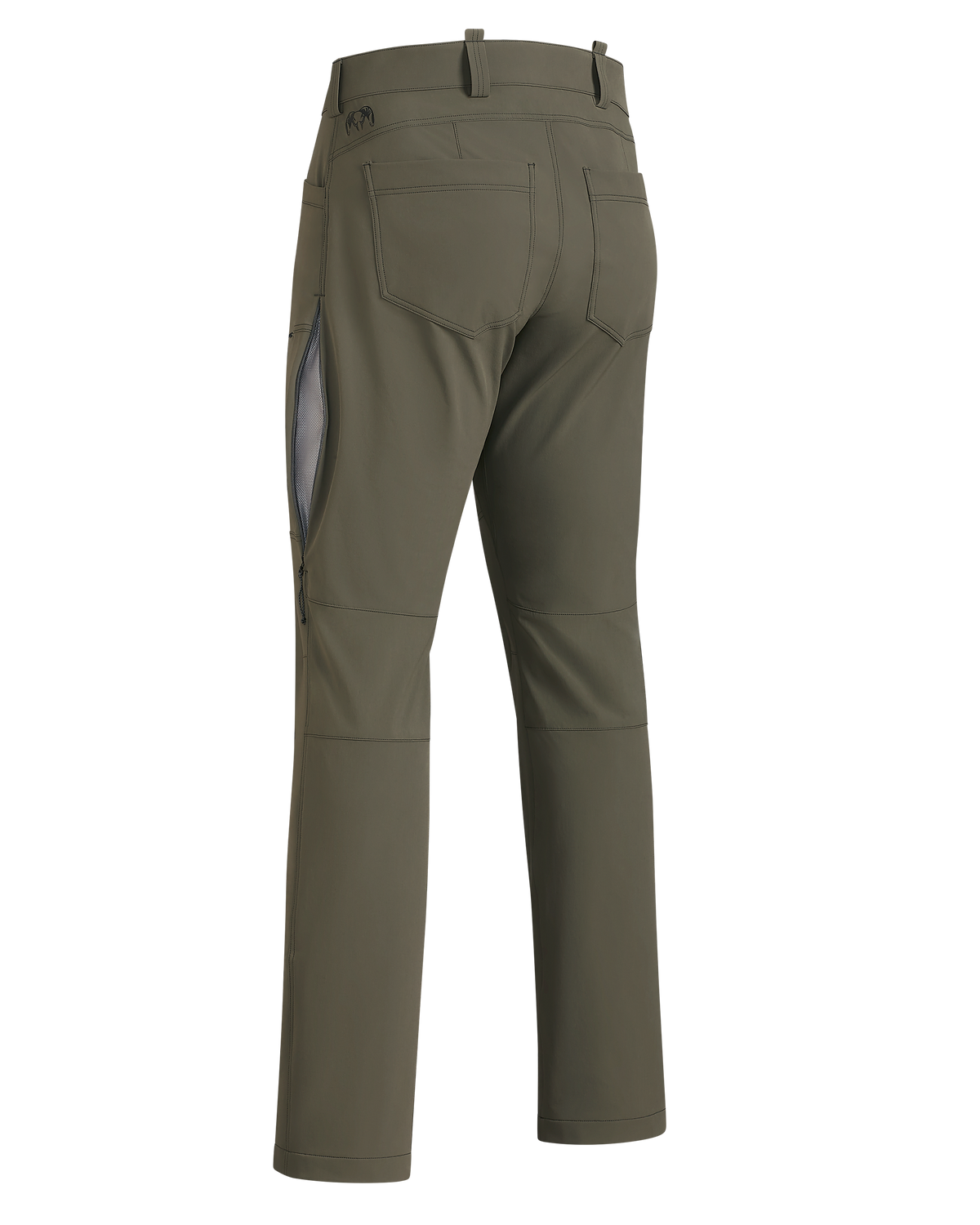 Back of Reed Pant in Ash Brown, Highlighting left unzipped hip vent
