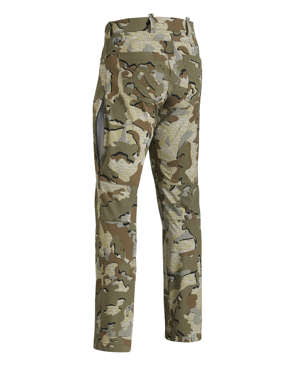 Back of Reed Pant in Valo Camouflage, Highlighting left unzipped hip vent