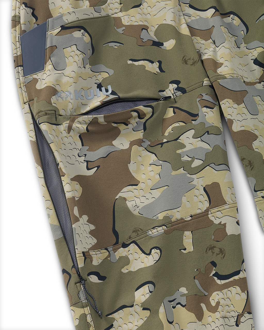 Close-up of front hidden zipper thigh pocket and side zippered mesh hip vent on Reed Pant in Valo Camouflage