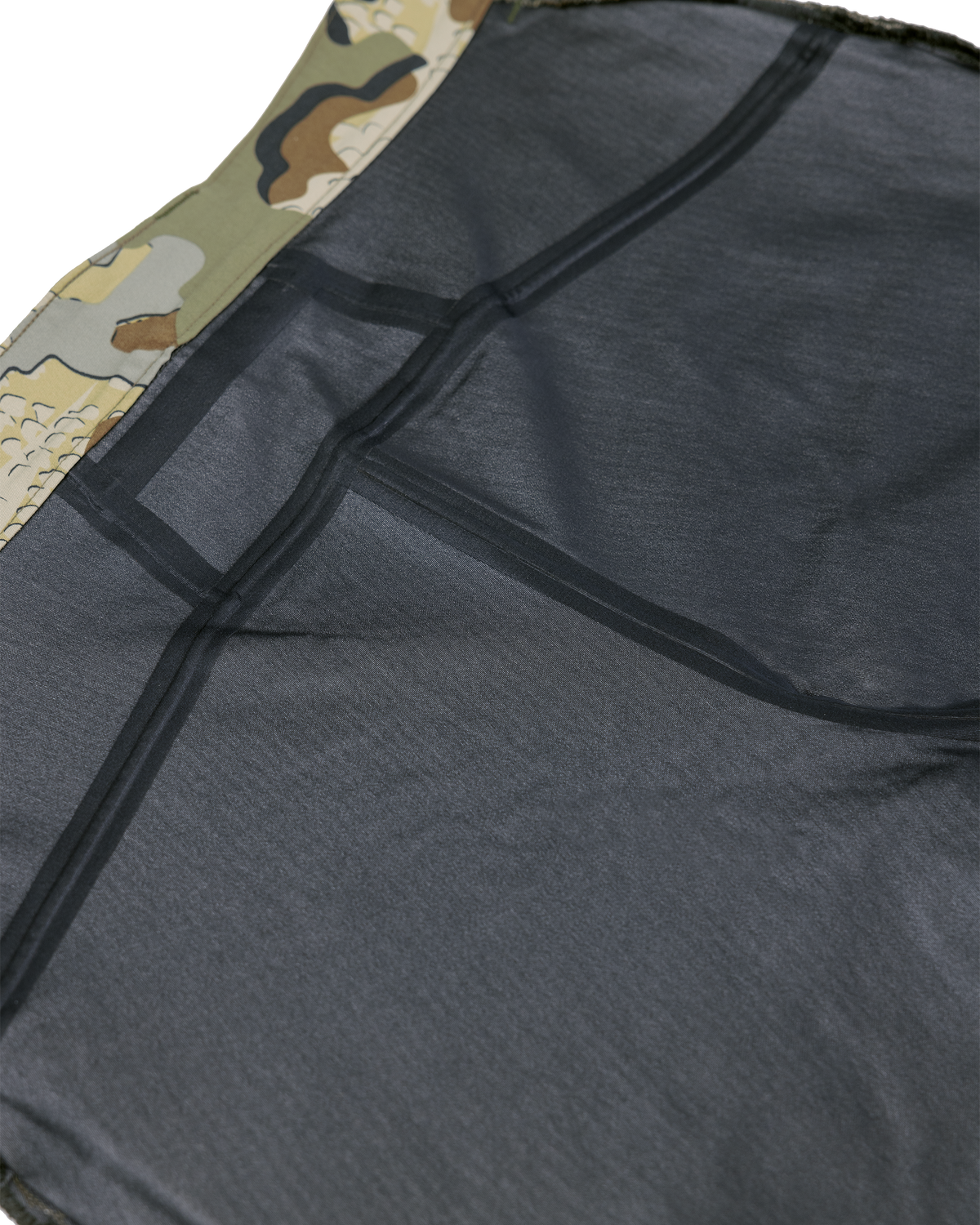 Detail of back seat inside seam tape on the Kutana Hybrid Pant in Valo Camouflage