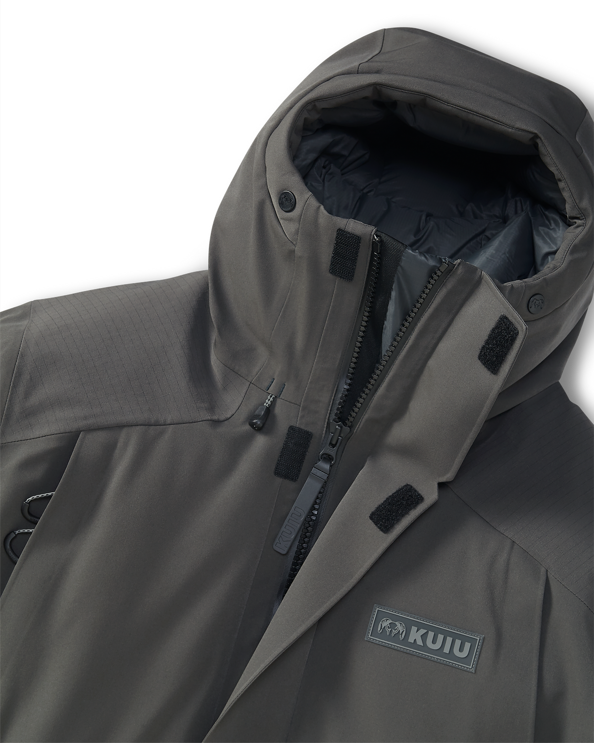 Front of Super Down Arktuk Parka in Asphalt Grey, Highlighting chin guard and YKK Zippers 
