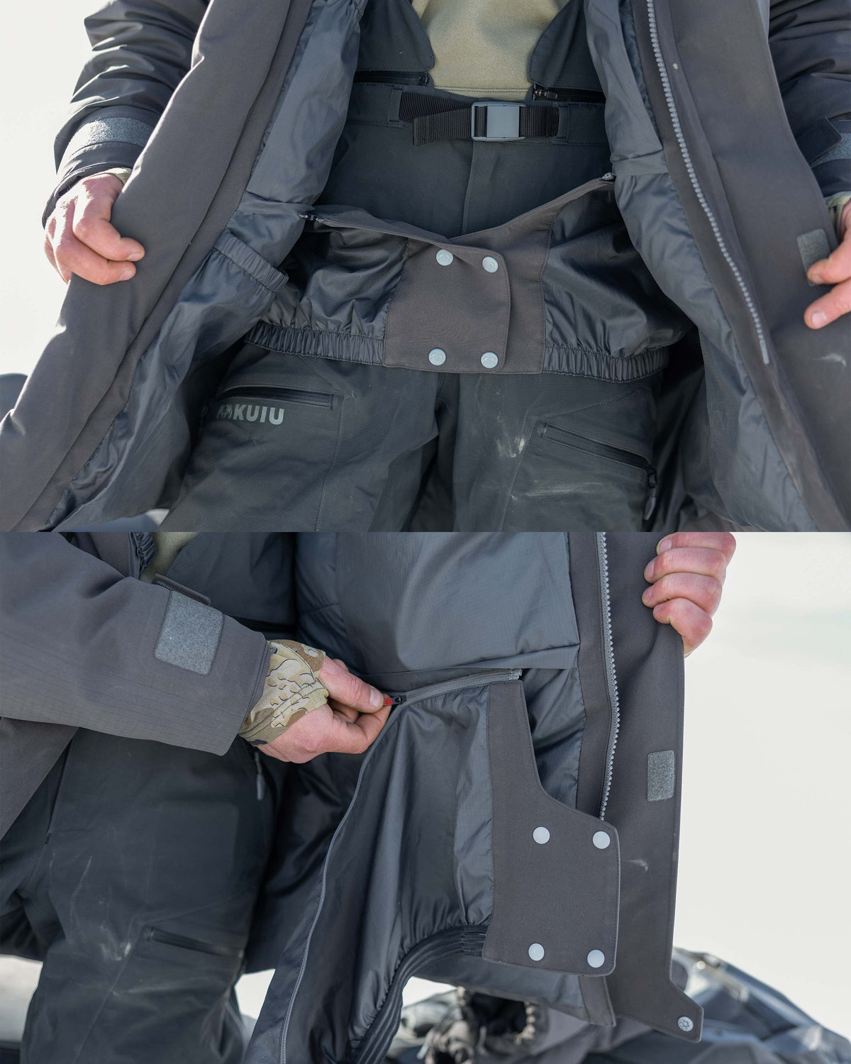 Split images showcasing internal removable powder skirt featuring front snap closures, bottom image displaying removable zippered powder skirt with silicone printed elastic on the Super Down Arktuk Parka in Asphalt Grey