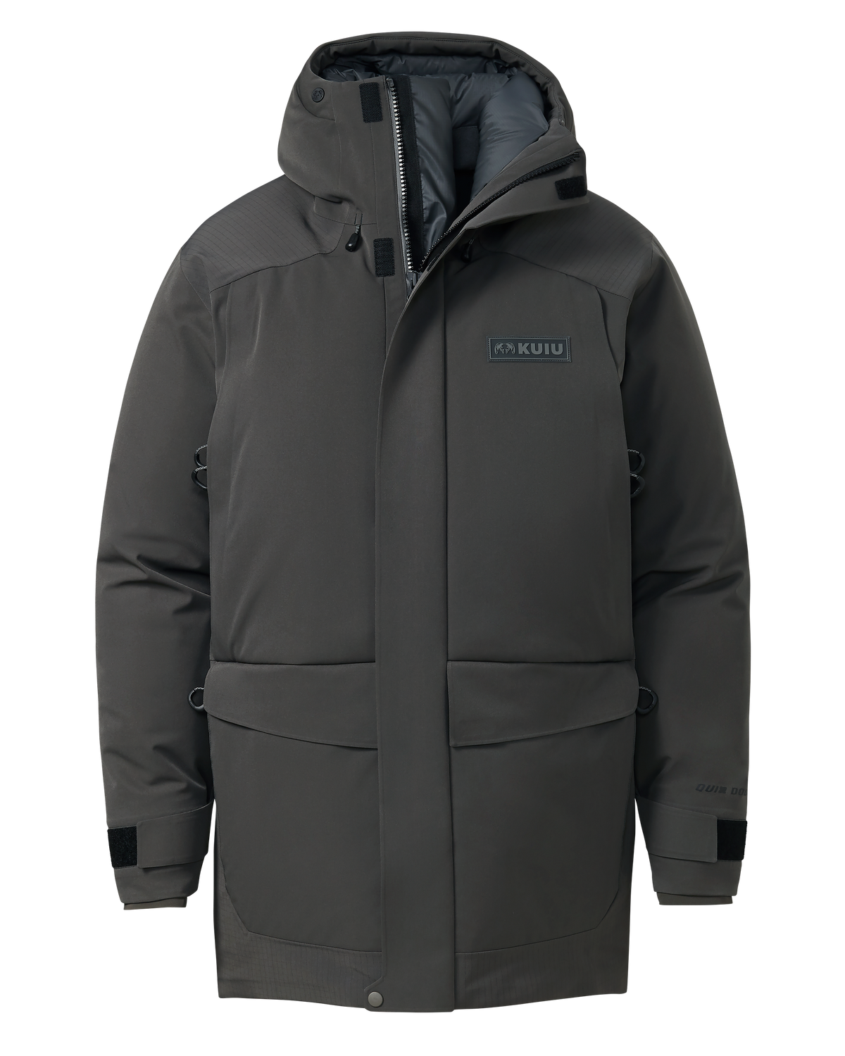 Front of Super Down Arktuk Parka in Asphalt Grey, displaying unzipped chin guard