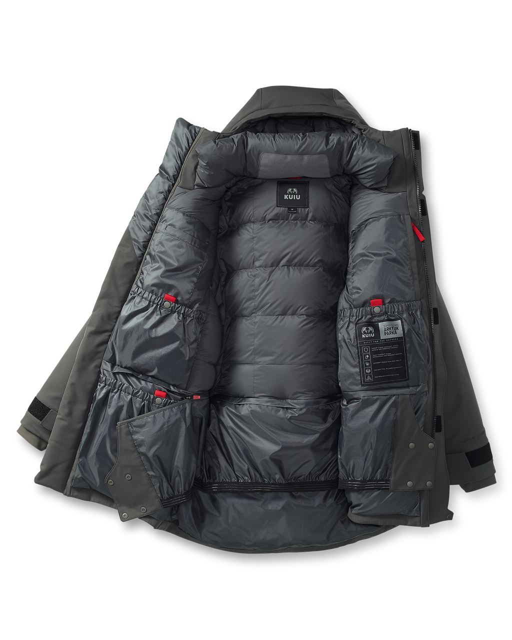 Interior view of Super Down Artuk Parka in Asphalt Grey, showcasing interior insulation and side pockets