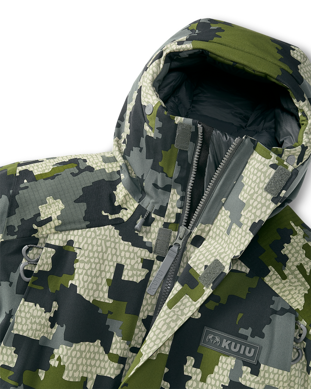 Front of Super Down Arktuk Parka in Verde Camouflage, Highlighting chin guard and YKK Zippers 